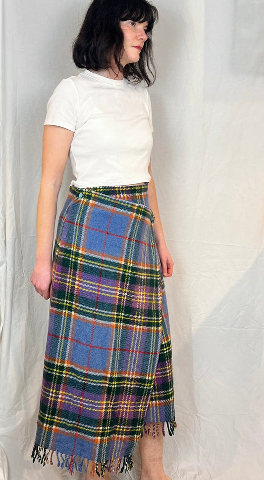 Carly Handmade Blue Wool Checked Asymmetric Maxi Skirt - Size 12