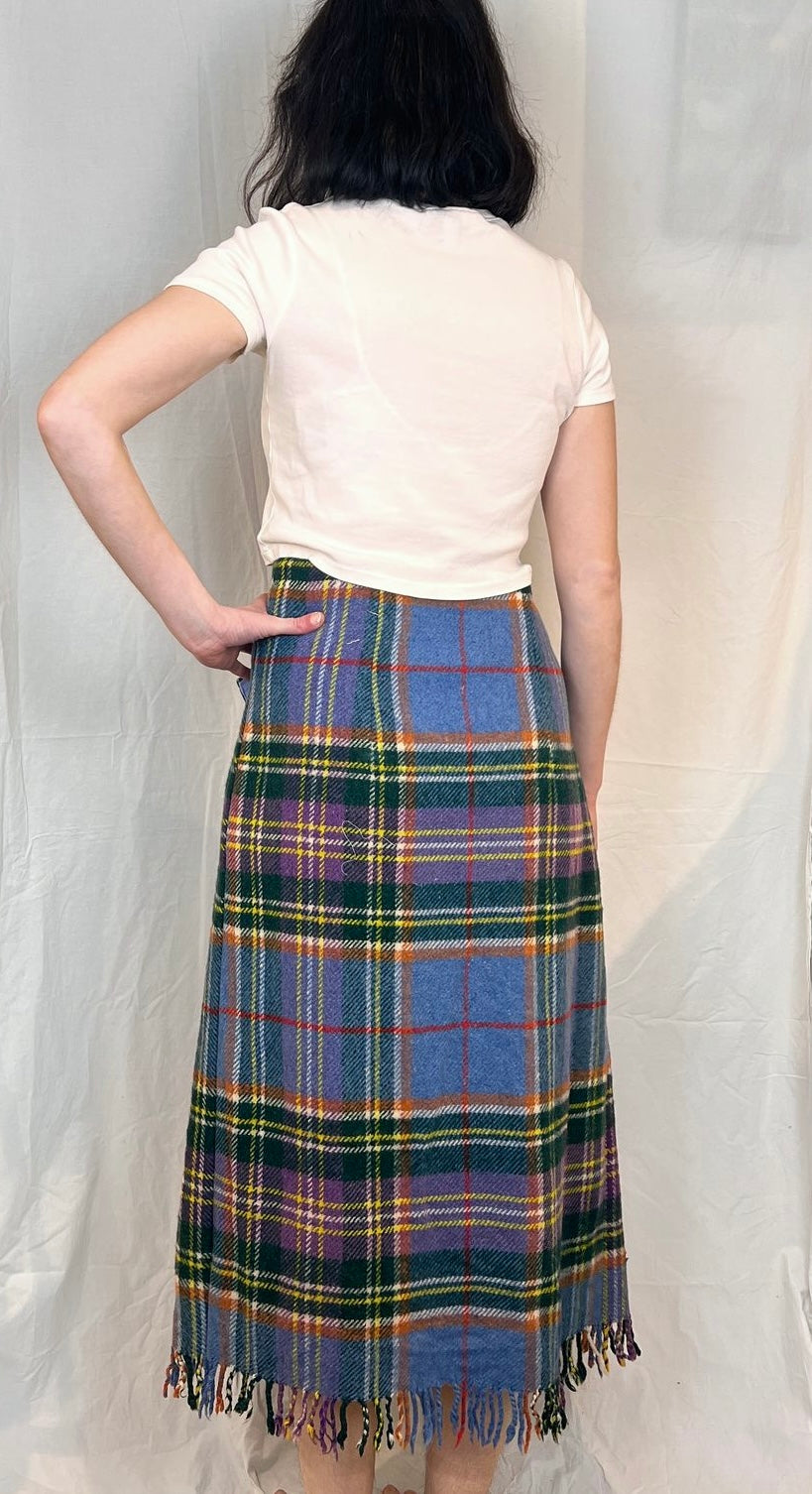Carly Handmade Blue Wool Checked Asymmetric Maxi Skirt - Size 12
