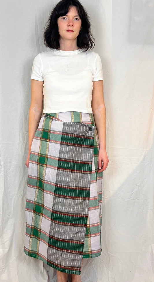 Carly Handmade Green Linen Checked Asymmetric Maxi Skirt - Size 10
