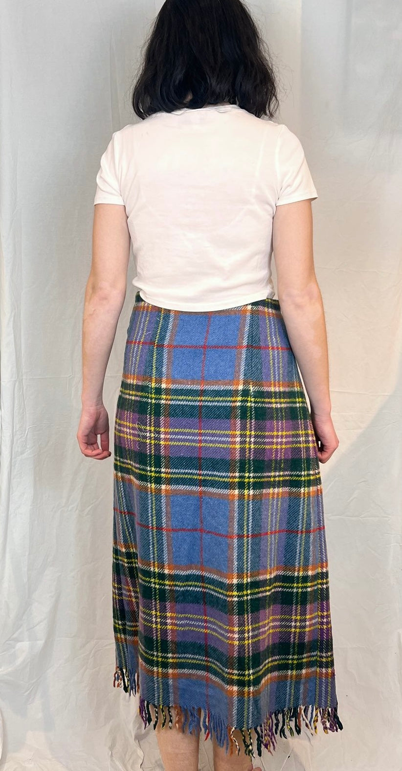 Carly Handmade Blue Wool Checked Asymmetric Maxi Skirt - Size 12