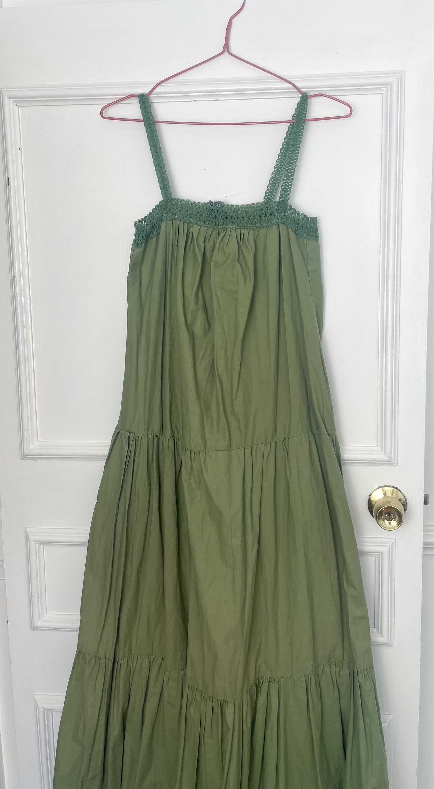 Vintage 70s Handmade Khaki Green Crochet Trim Tiered Maxi Dress - Size 10