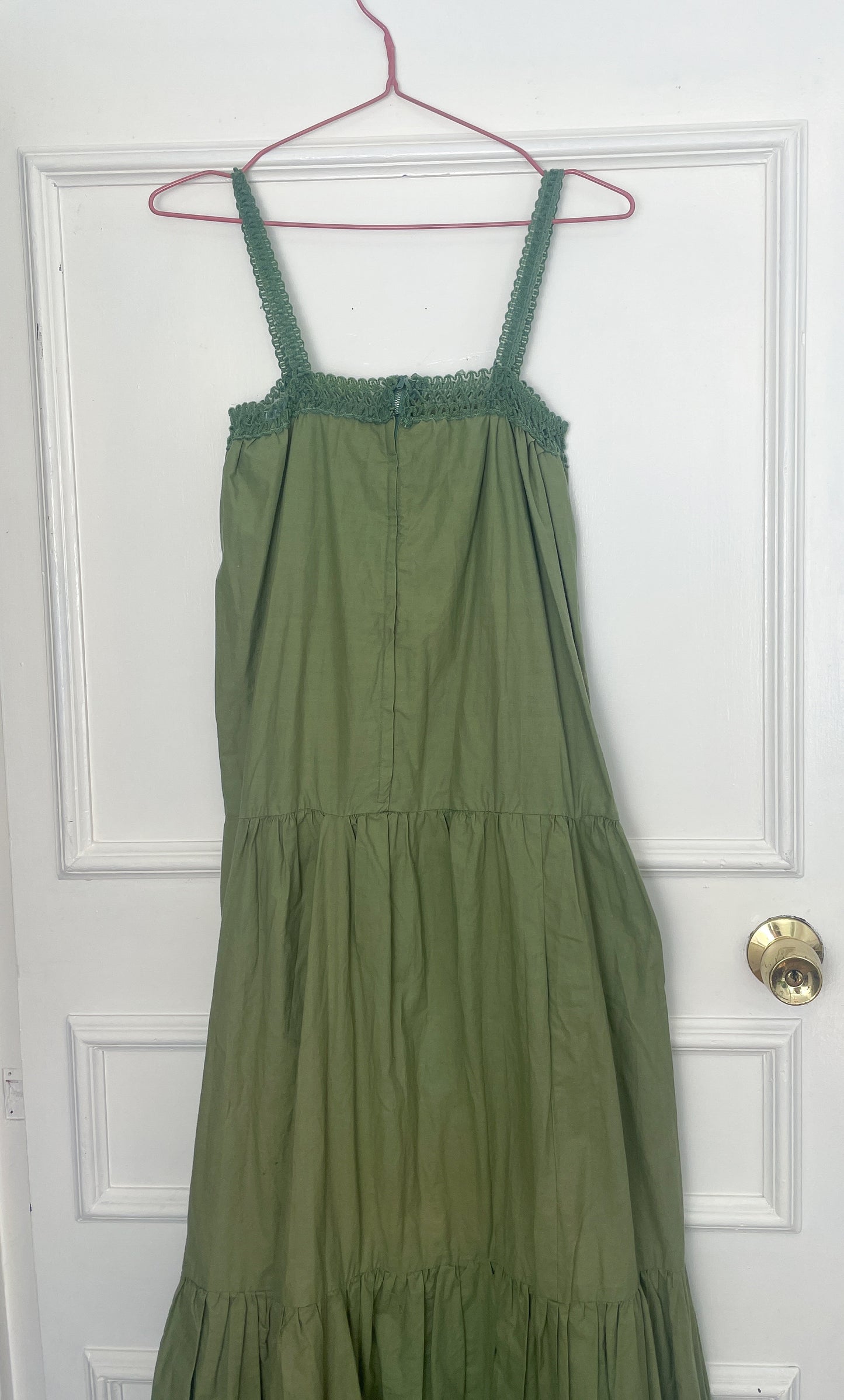 Vintage 70s Handmade Khaki Green Crochet Trim Tiered Maxi Dress - Size 10
