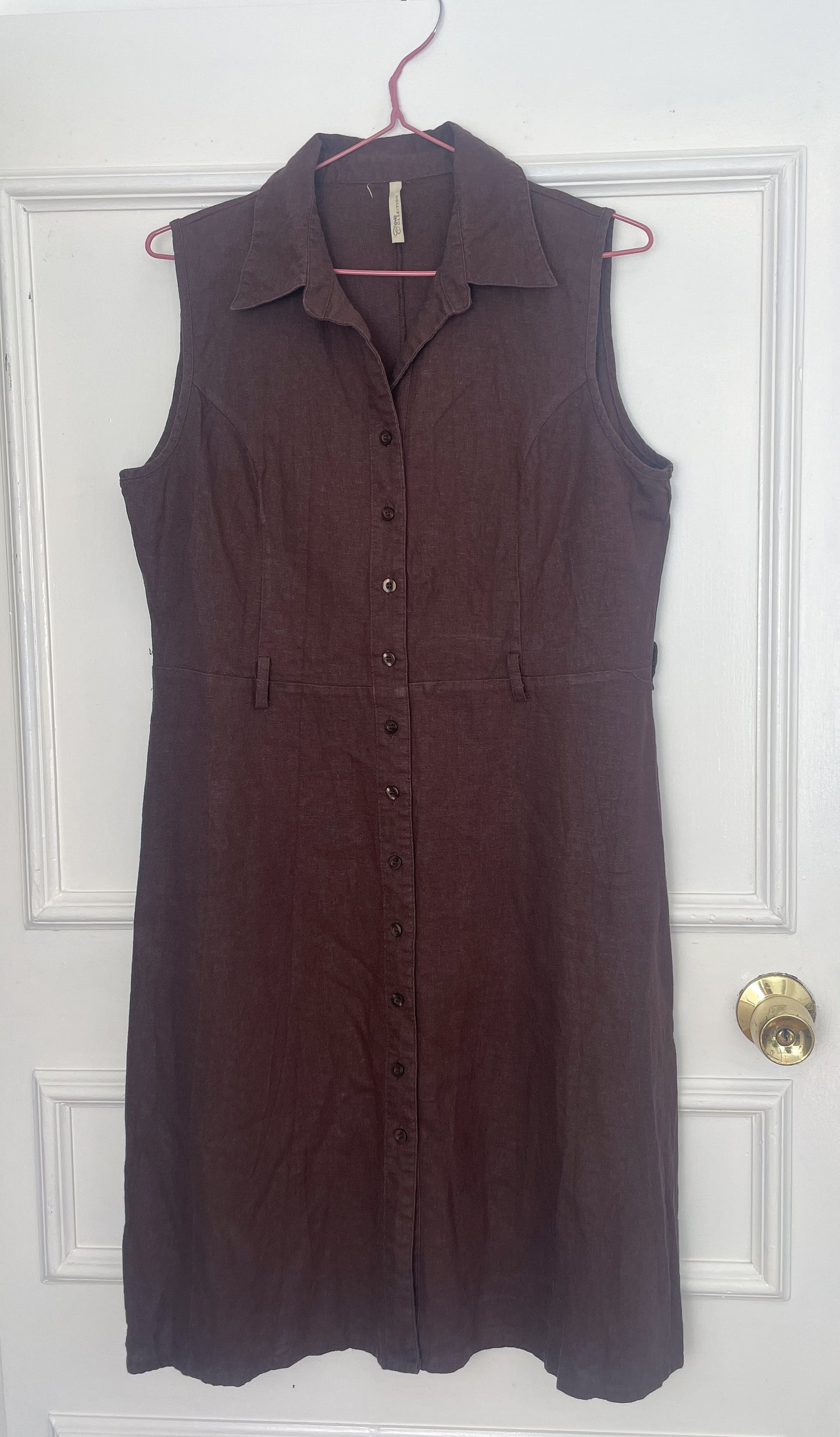 Vintage 90s Brown Linen Midi Shirt Dress - Size 12