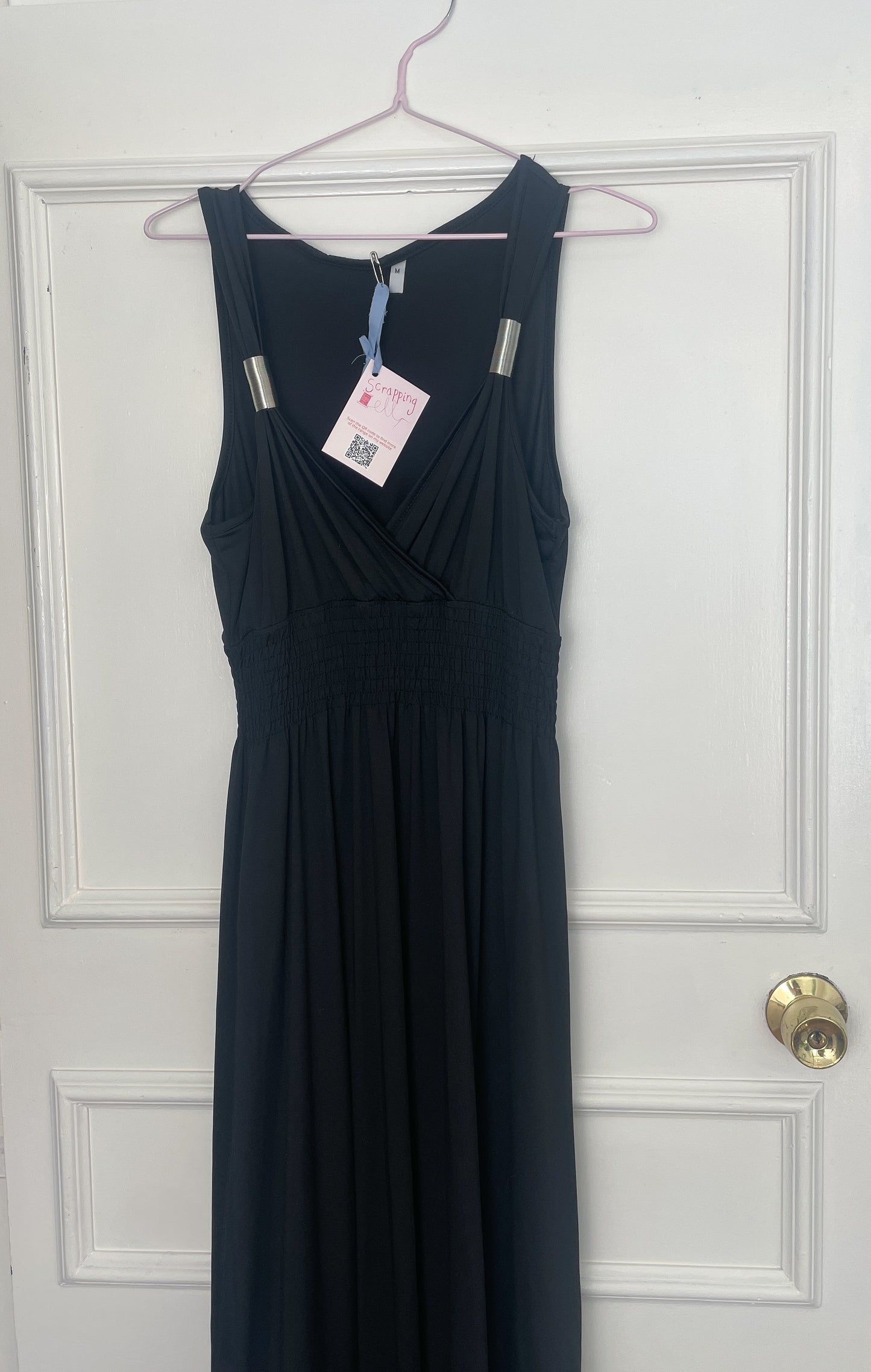 Vintage Y2K Black Stretch Smocked Waist Maxi Dress with Metal Straps - Size 10