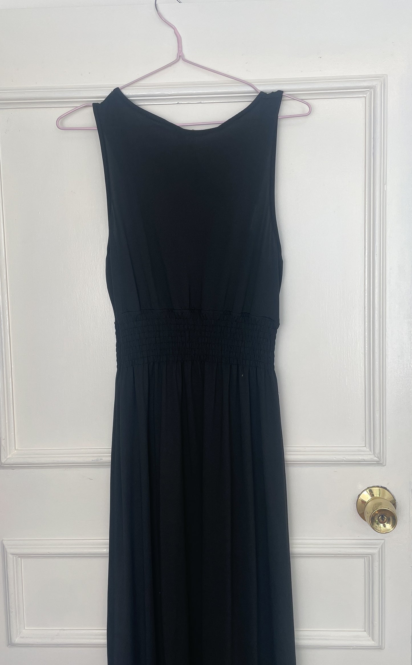 Vintage Y2K Black Stretch Smocked Waist Maxi Dress with Metal Straps - Size 10