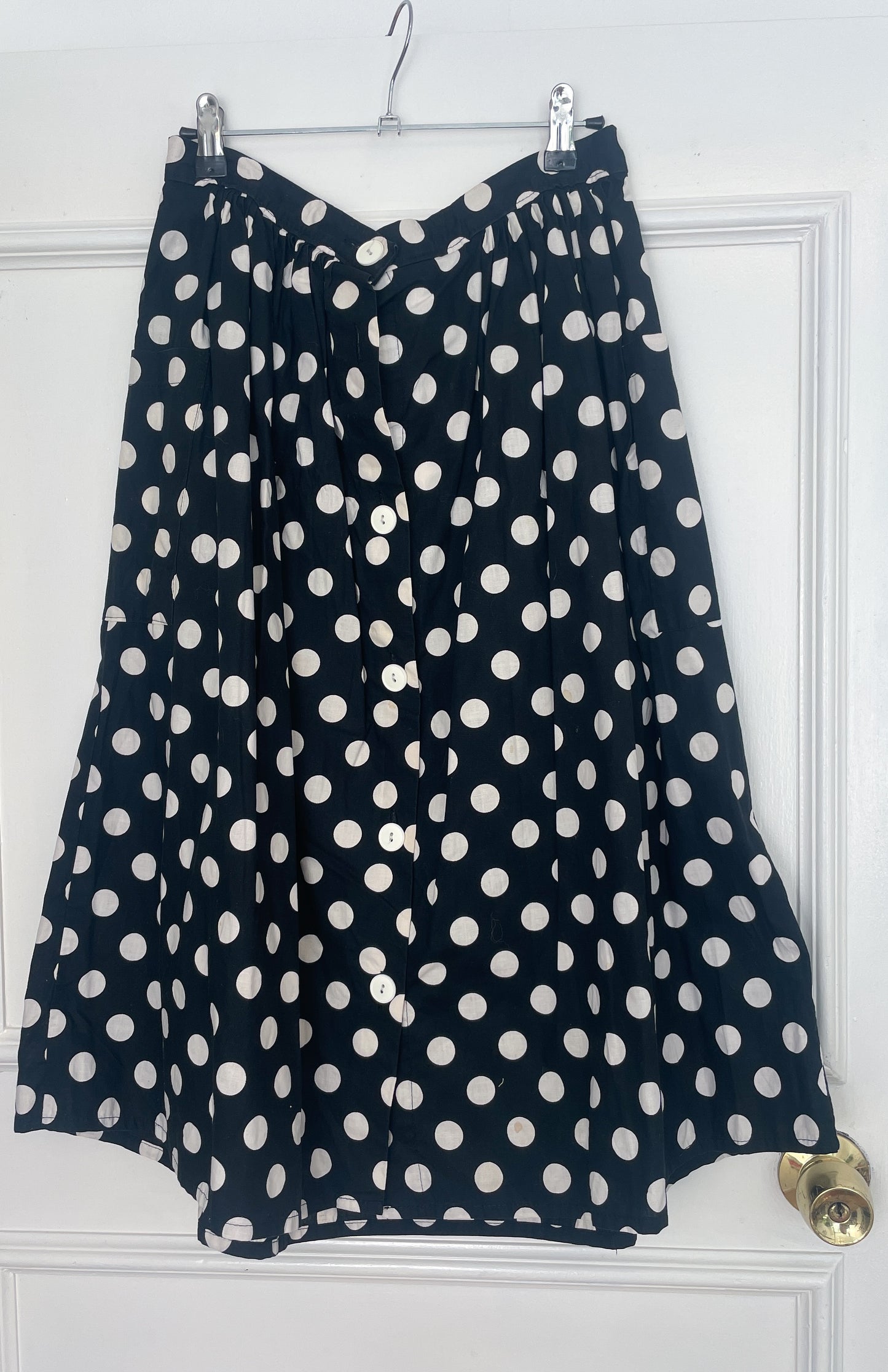 Vintage 80s Black Polka Dot Cotton Button Midi Skirt - Size 12