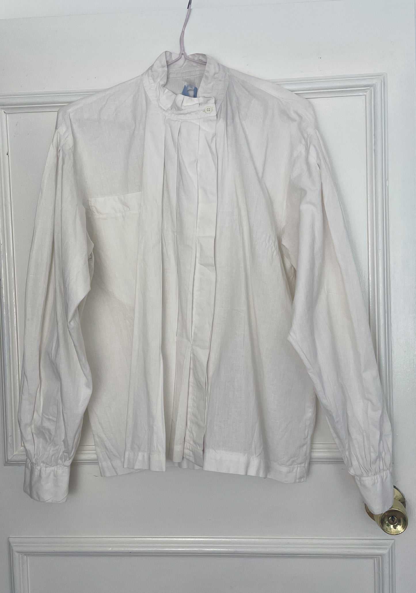 Vintage 90s White Cotton Pleated Front High Neck Blouse - Size 12