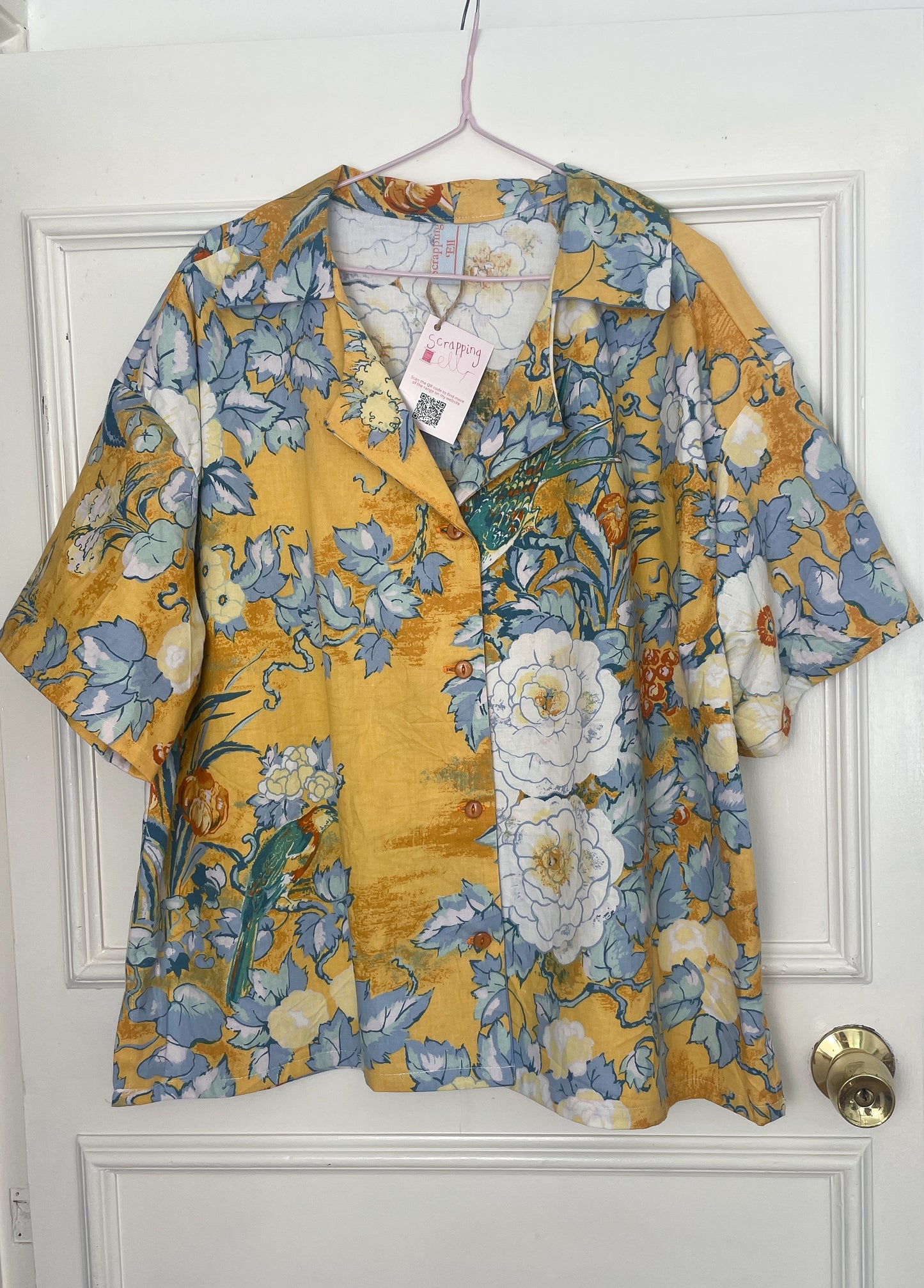 Handmade Orange Floral Cotton Short Sleeve Revere Collar Shirt - Size 16