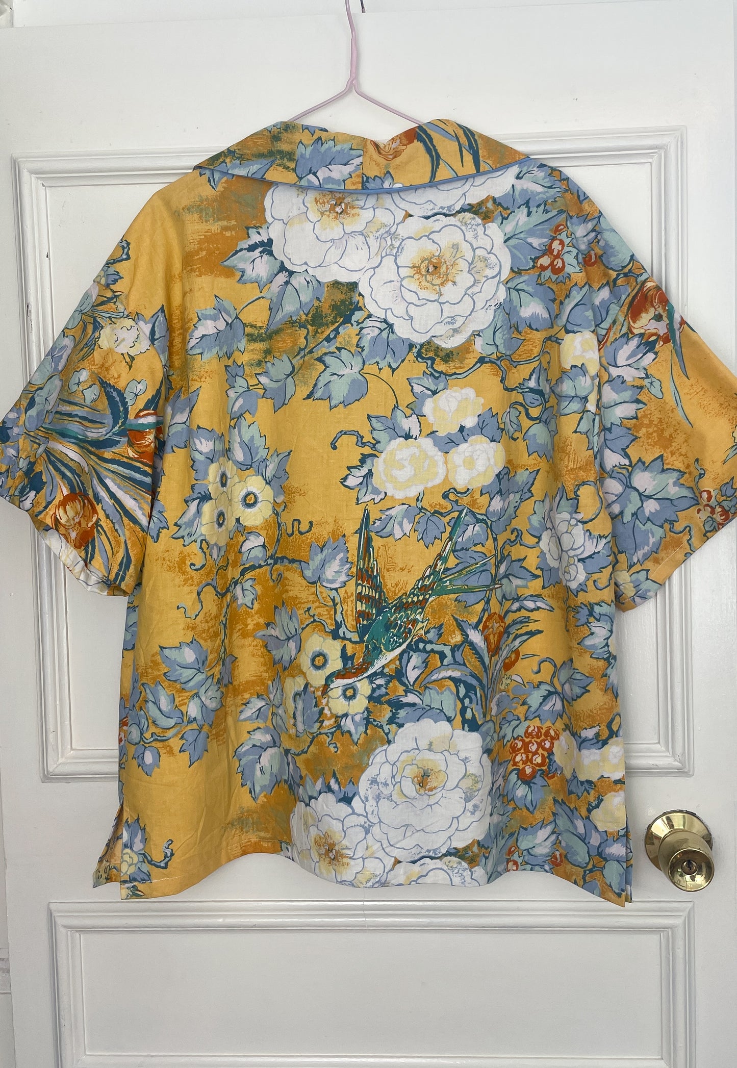 Handmade Orange Floral Cotton Short Sleeve Revere Collar Shirt - Size 16