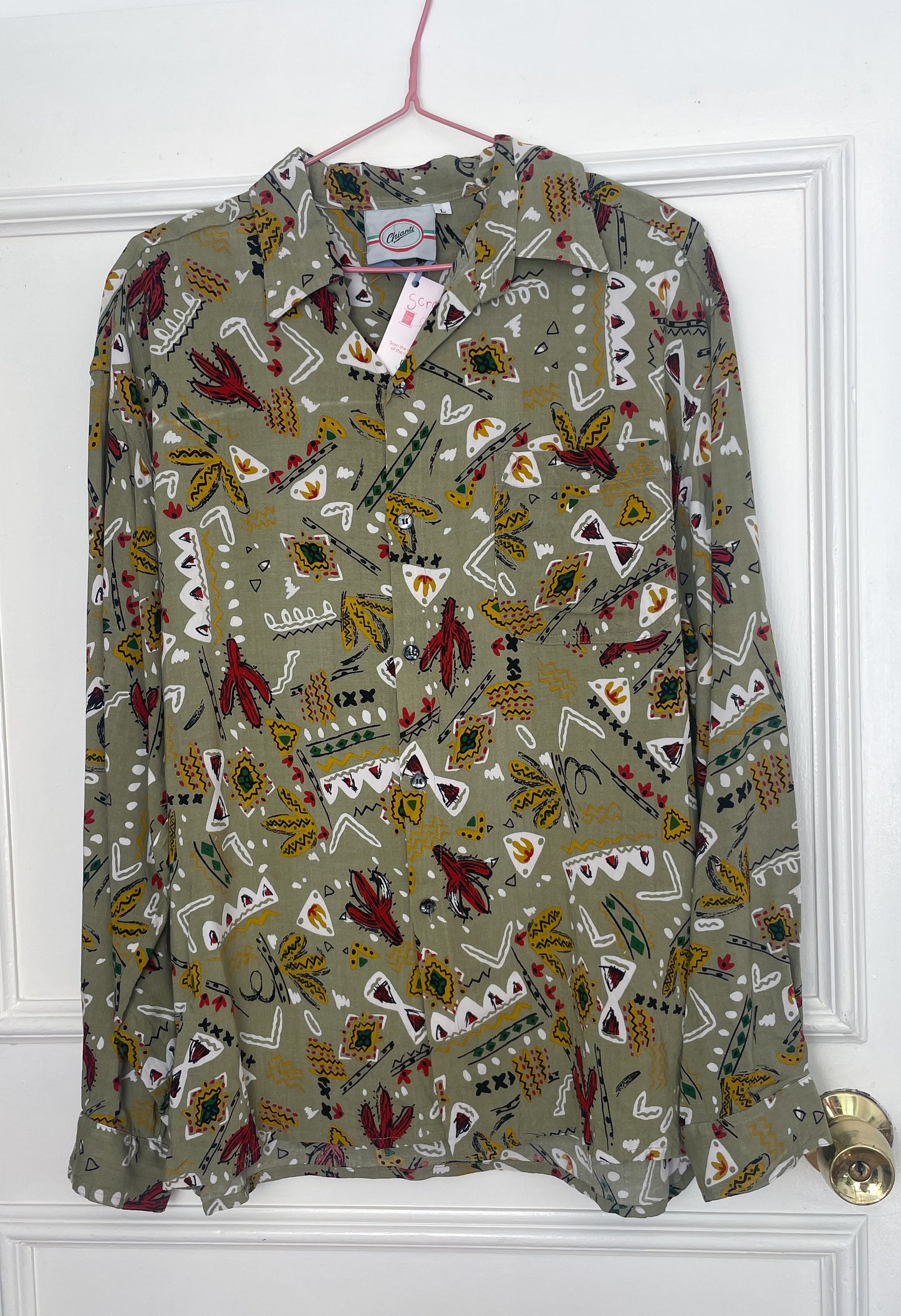 Vintage 90s Khaki Green Western Print Unisex Collared Shirt - Size 14