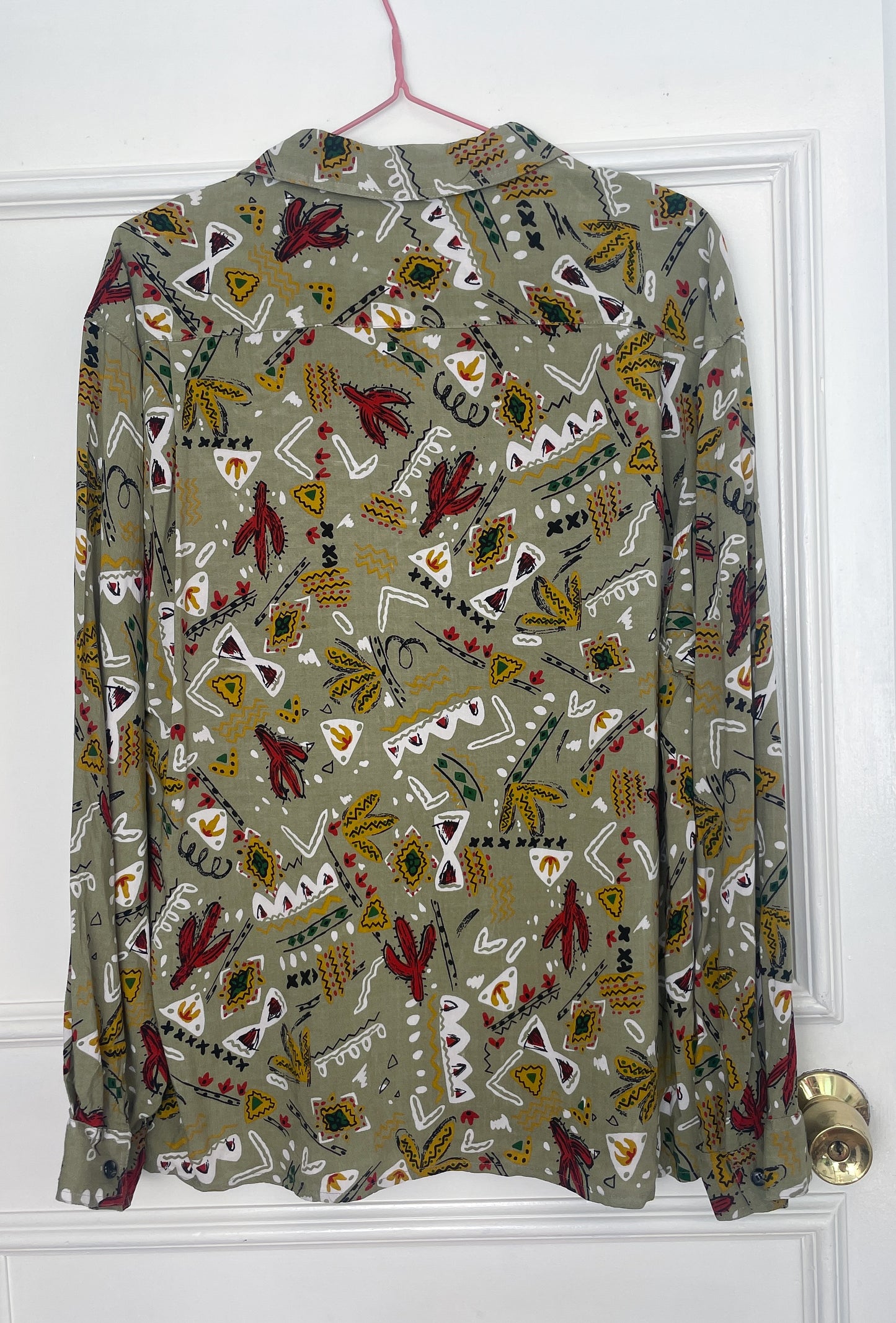 Vintage 90s Khaki Green Western Print Unisex Collared Shirt - Size 14
