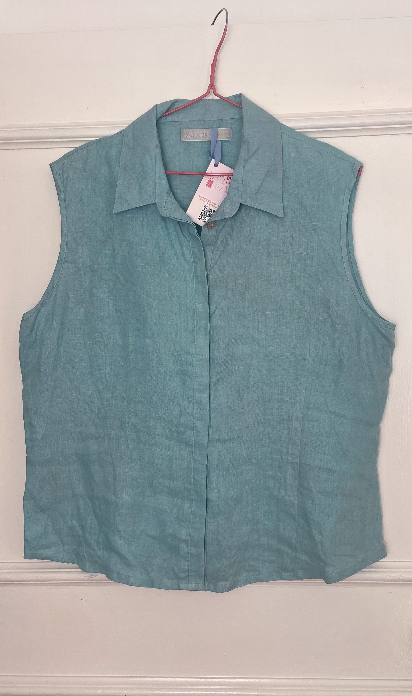 Vintage 90s Turquoise Blue Sleeveless Collared Linen Vest Top - Size 16