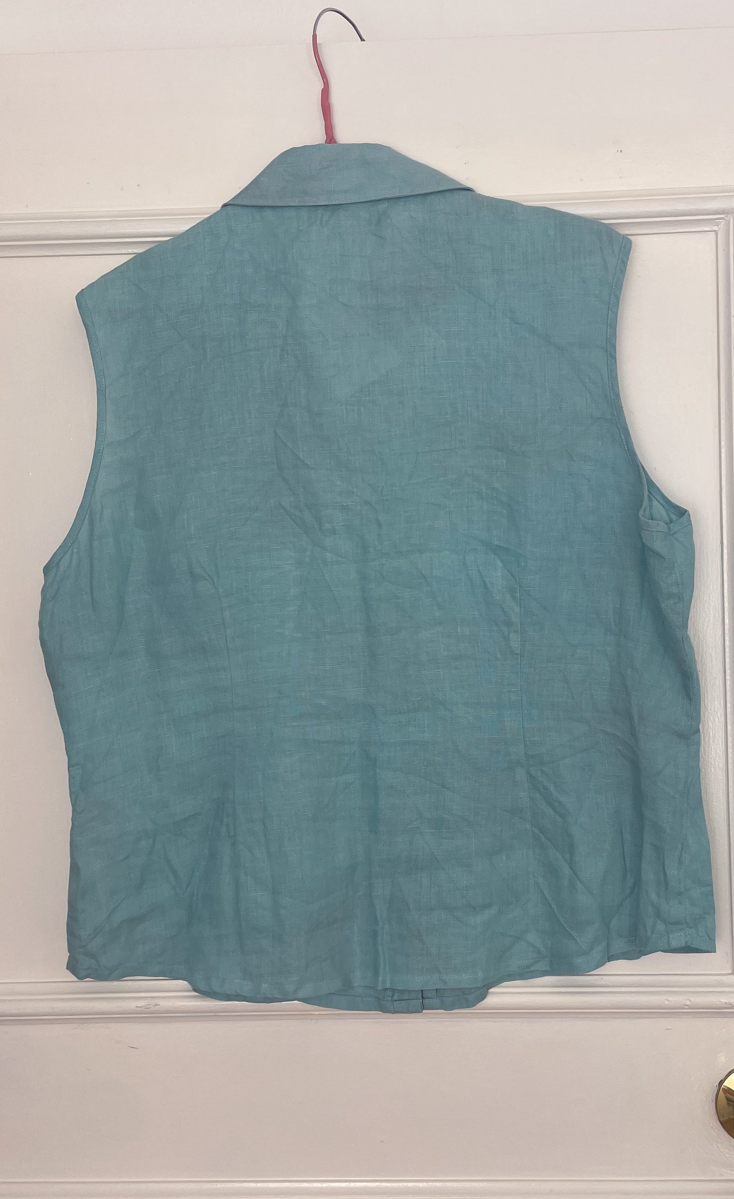 Vintage 90s Turquoise Blue Sleeveless Collared Linen Vest Top - Size 16