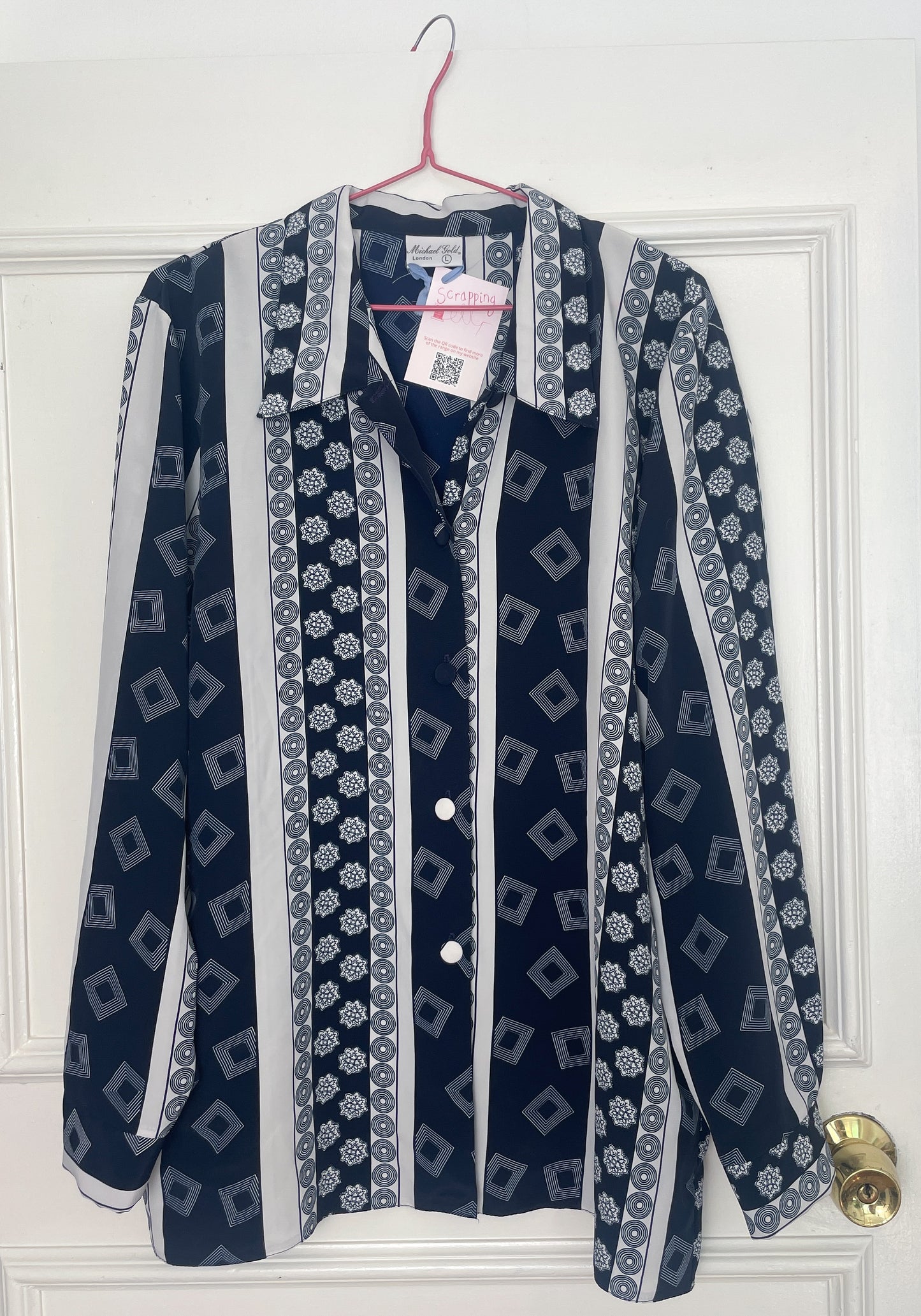 Vintage 80s Navy Blue and White Geometric Print Shirt - Size 14