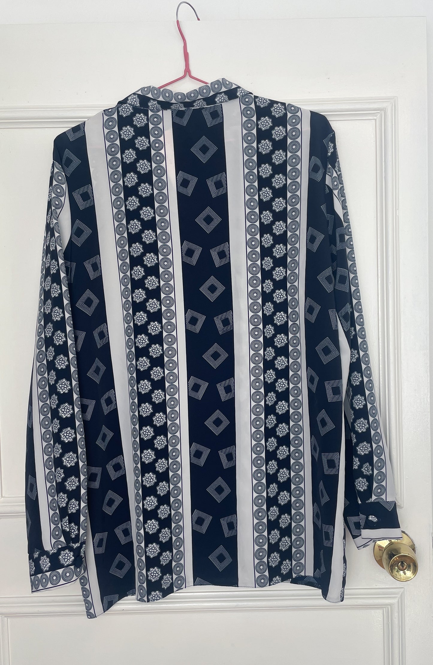 Vintage 80s Navy Blue and White Geometric Print Shirt - Size 14