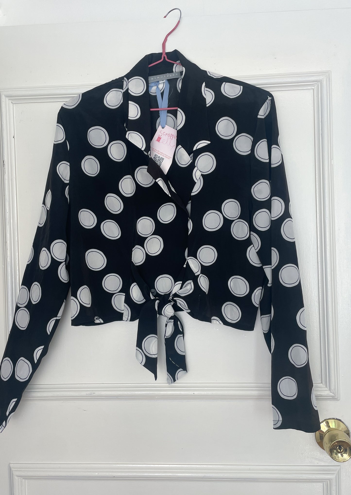 Vintage 90s Black Polka Dot Tie Front Cropped Long Sleeve Blouse - Size 12