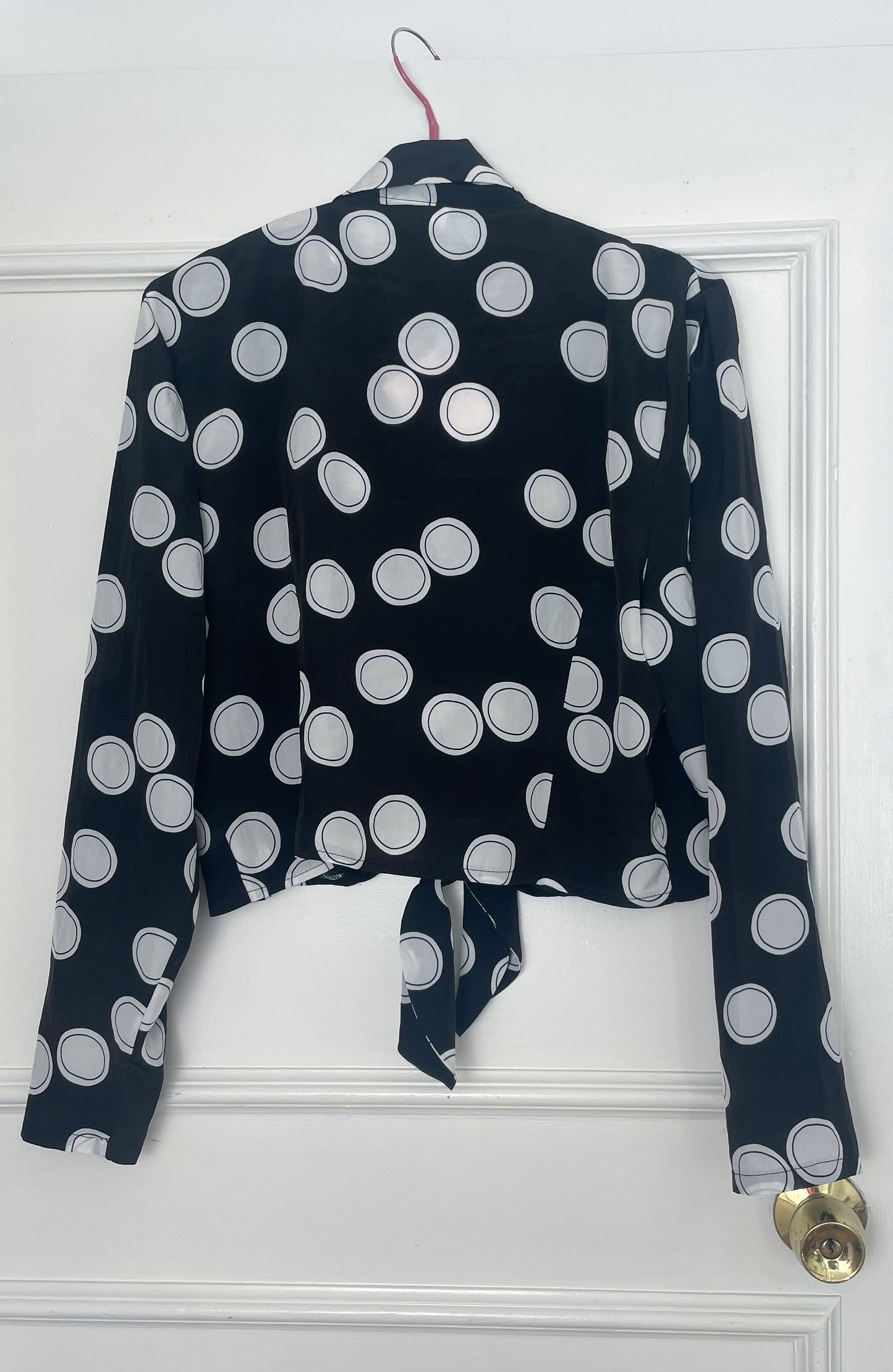 Vintage 90s Black Polka Dot Tie Front Cropped Long Sleeve Blouse - Size 12