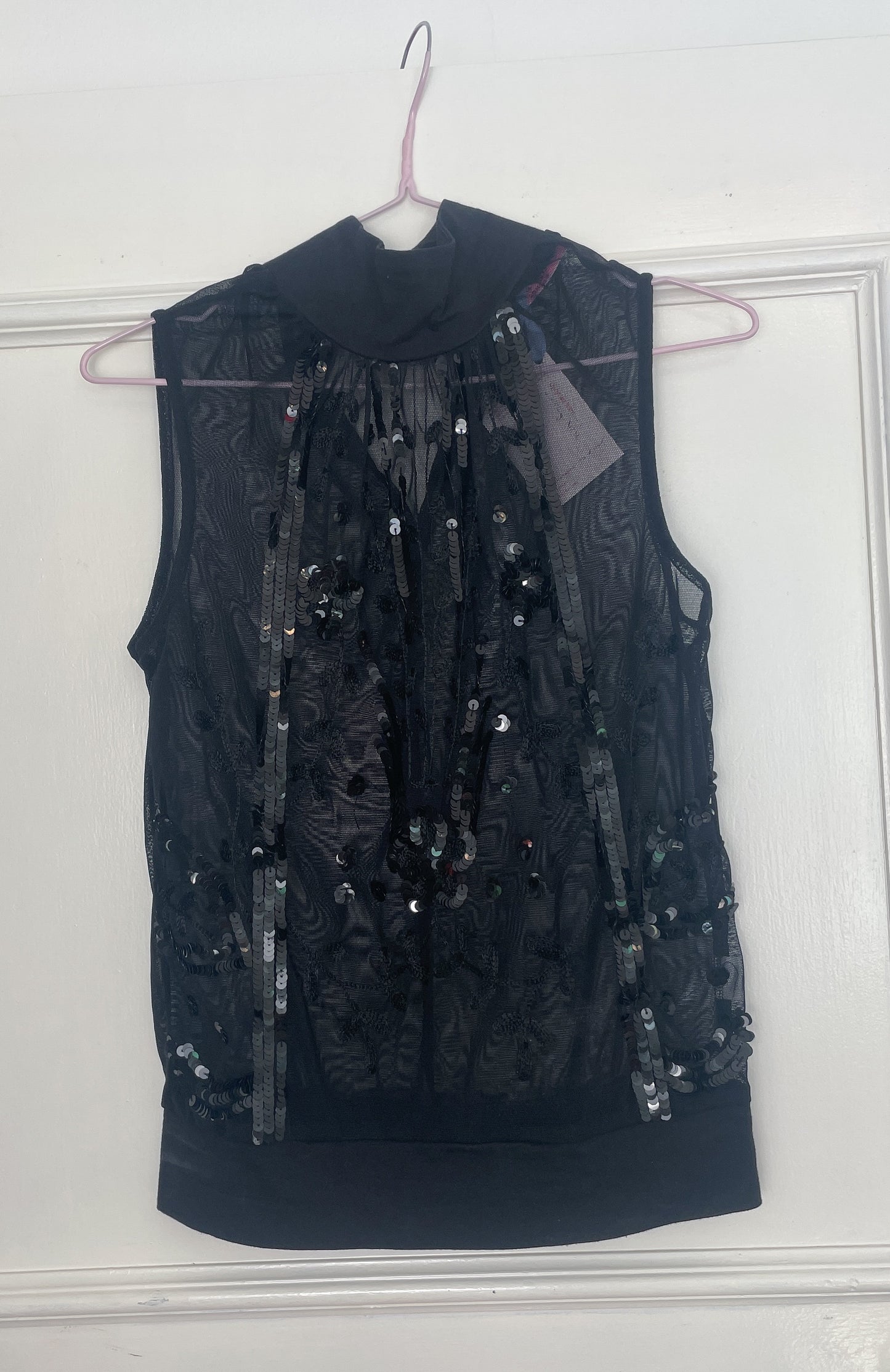 Vintage Y2K Black Sequin Sleeveless Vest Top with High Neck - Size 10