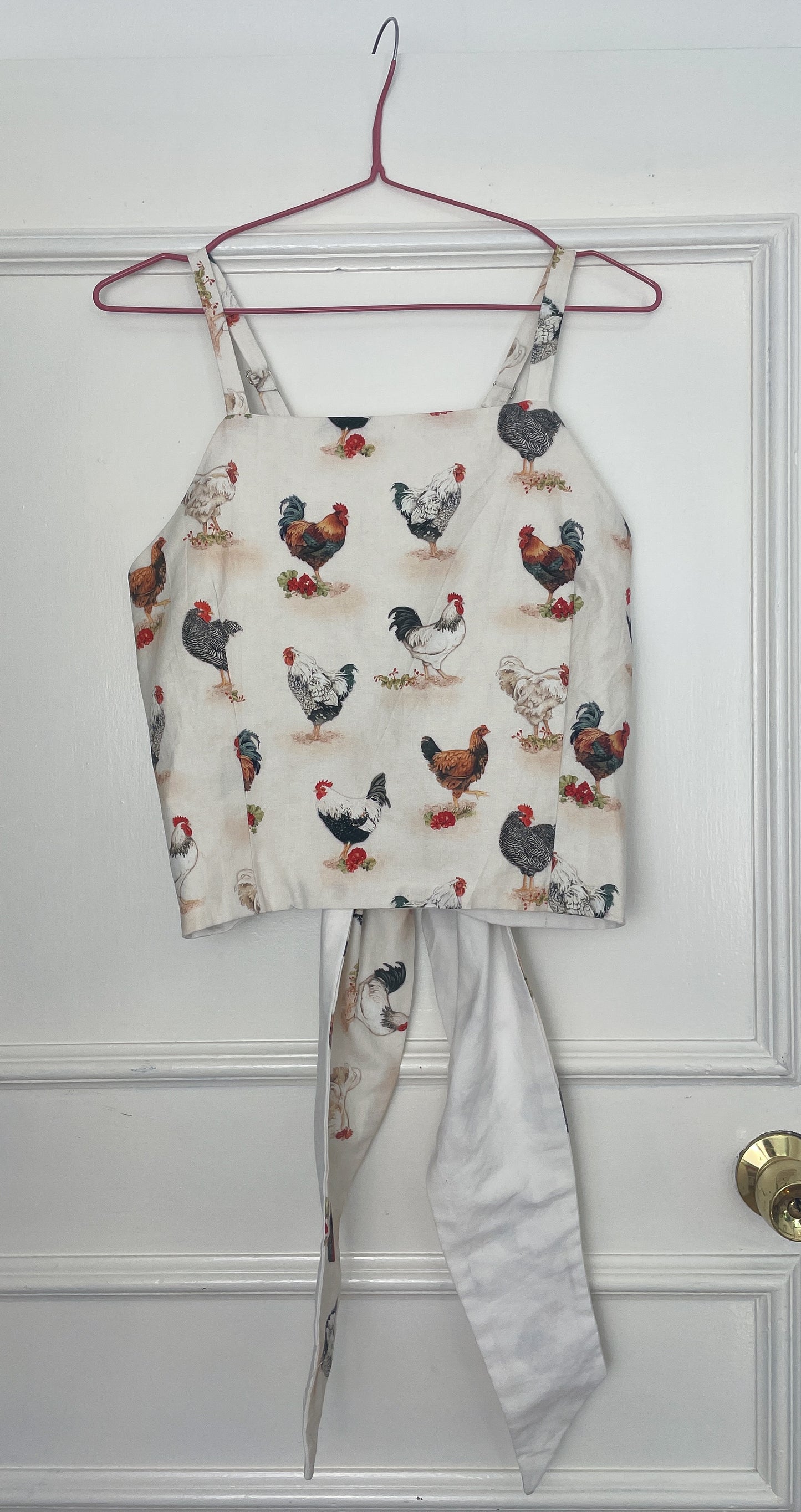 Handmade White Cotton Chicken Print Tie Back Crop Top - Size 14