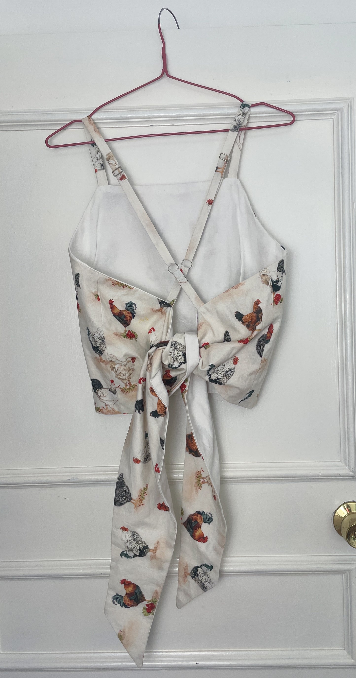 Handmade White Cotton Chicken Print Tie Back Crop Top - Size 14