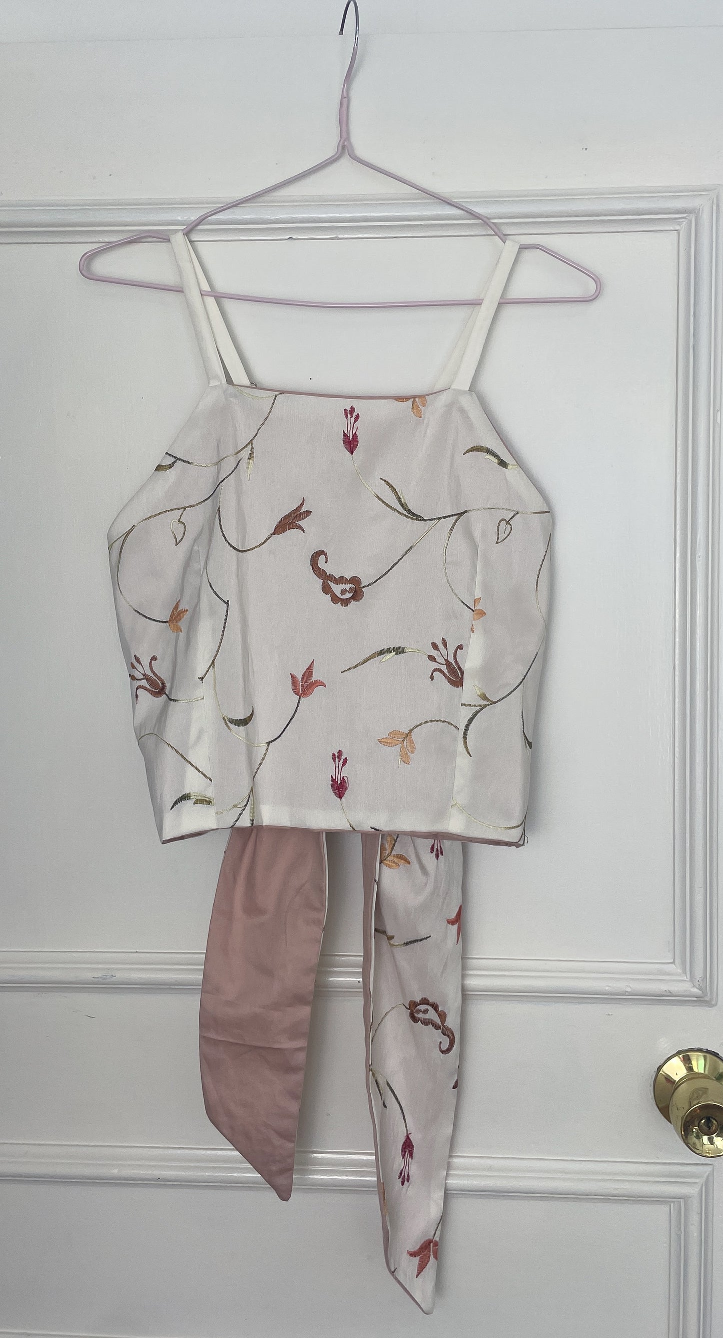 Handmade White Silk Floral Embroidered Cross Strap Tie Back Crop Top - Size 12