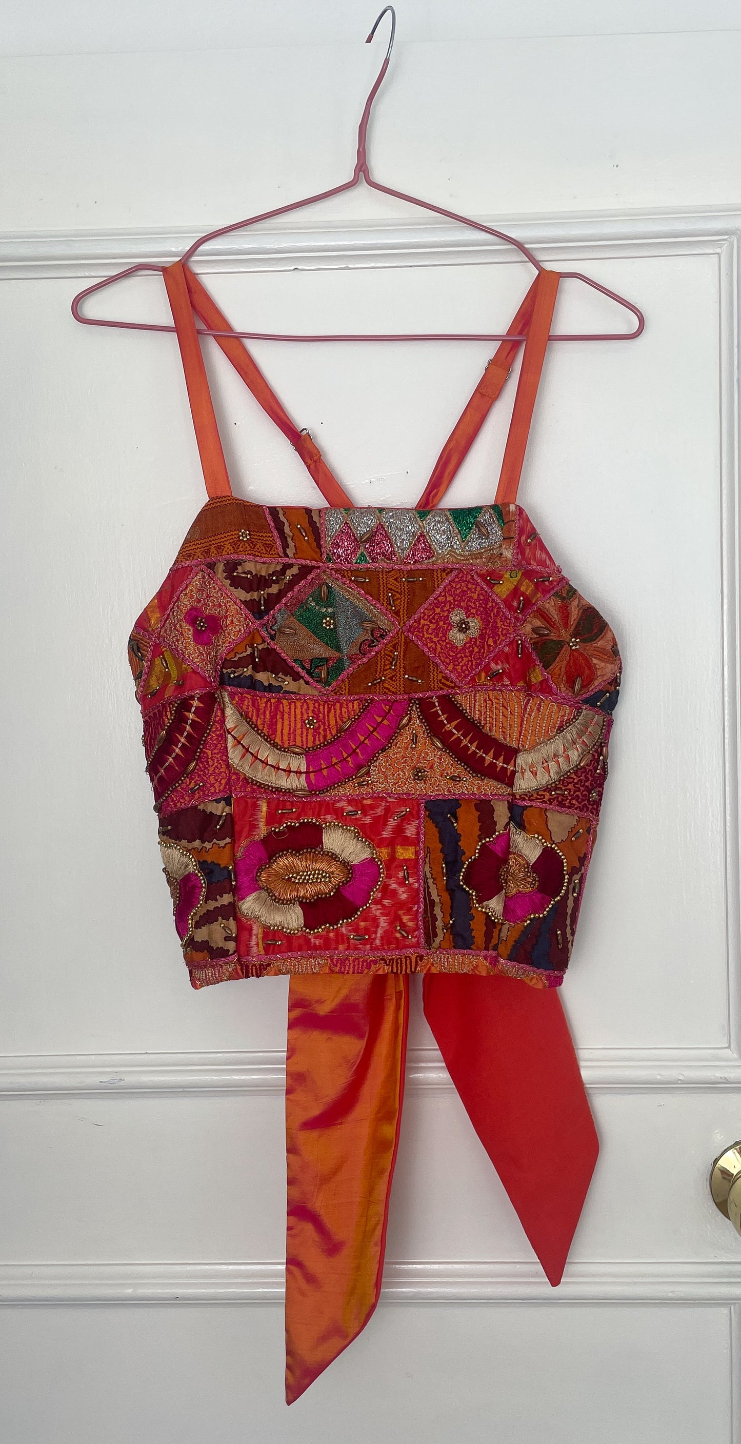 Handmade Orange Beaded Silk Cross Strap Tie Back Crop Top - Size 10