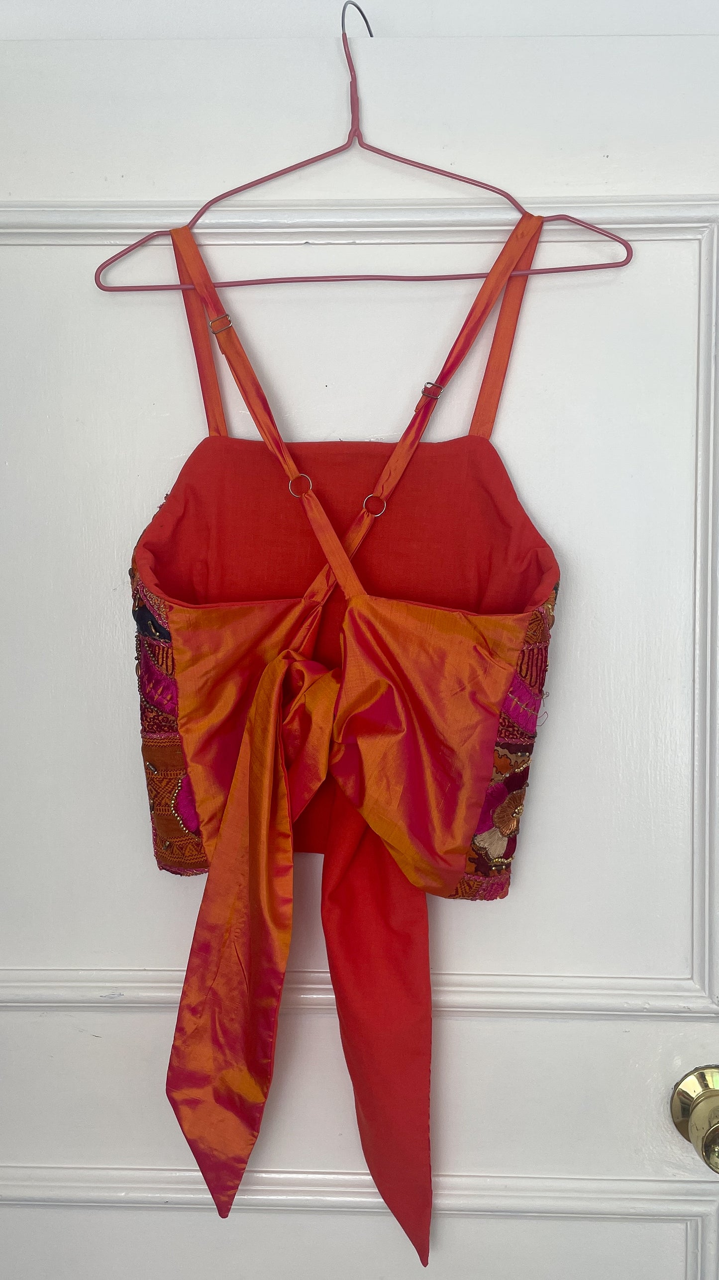 Handmade Orange Beaded Silk Cross Strap Tie Back Crop Top - Size 10