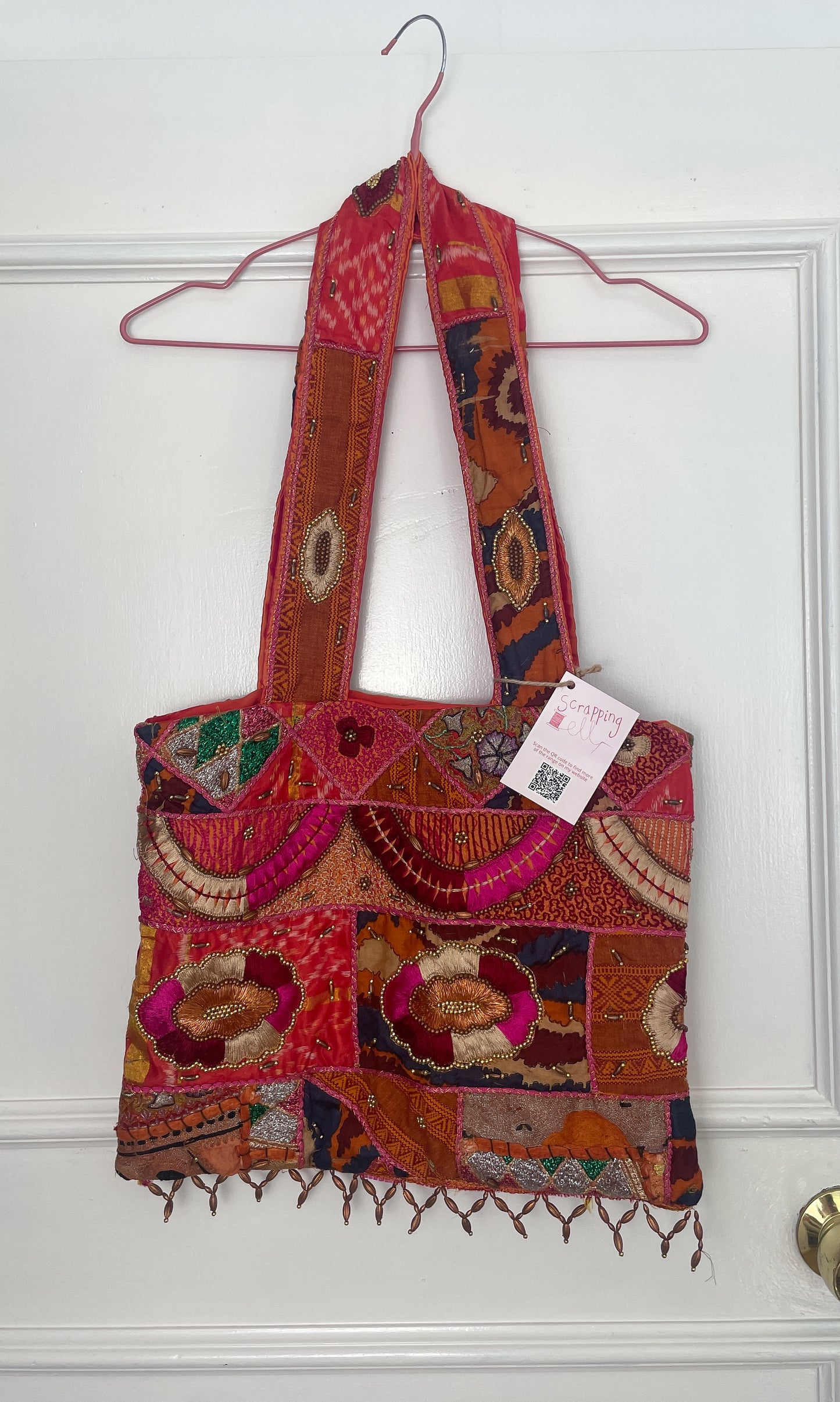 Handmade Orange Silk Beaded Shoulder Tote Bag