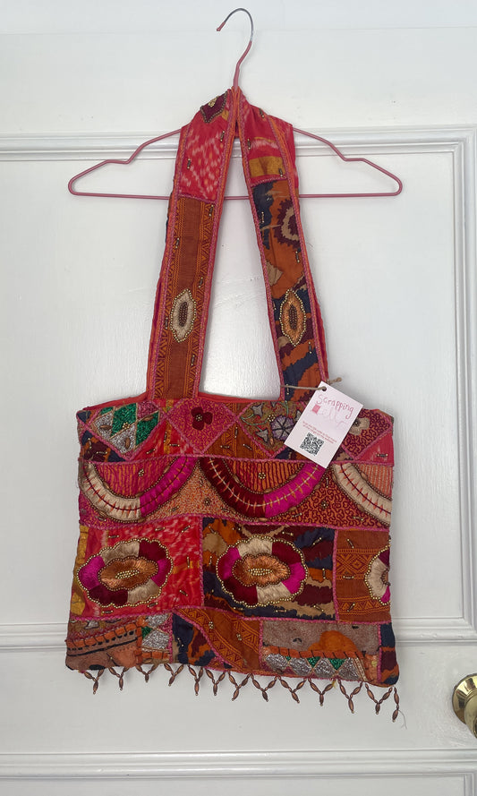 Handmade Orange Silk Beaded Shoulder Tote Bag