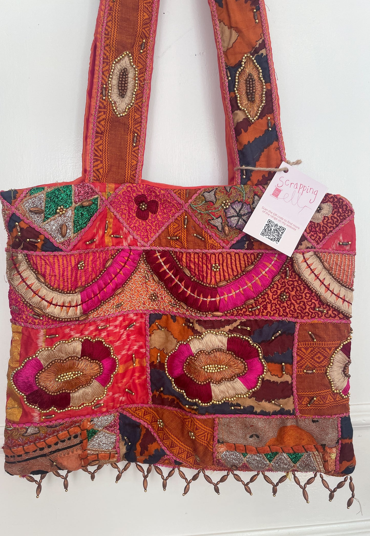 Handmade Orange Silk Beaded Shoulder Tote Bag