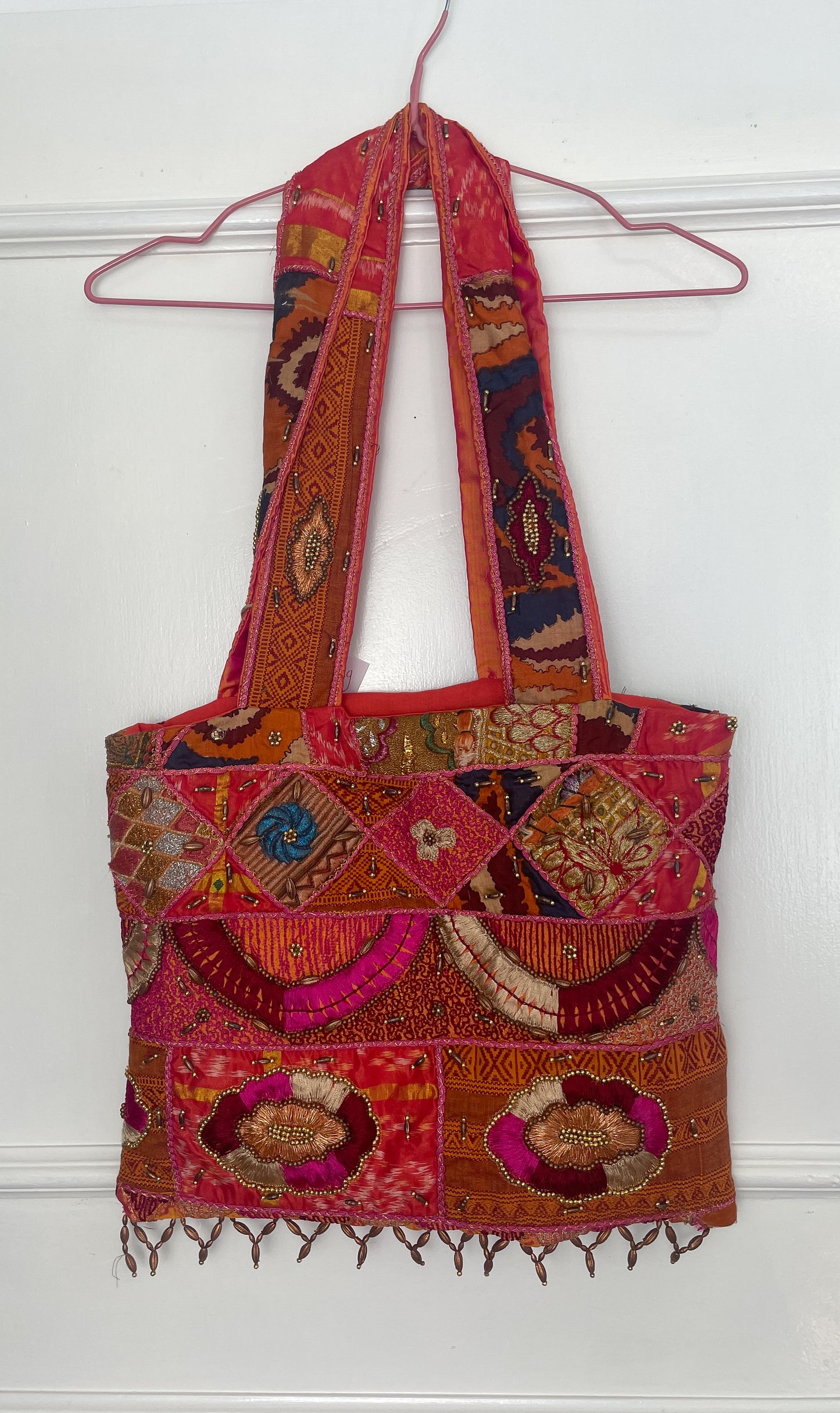 Handmade Orange Silk Beaded Shoulder Tote Bag