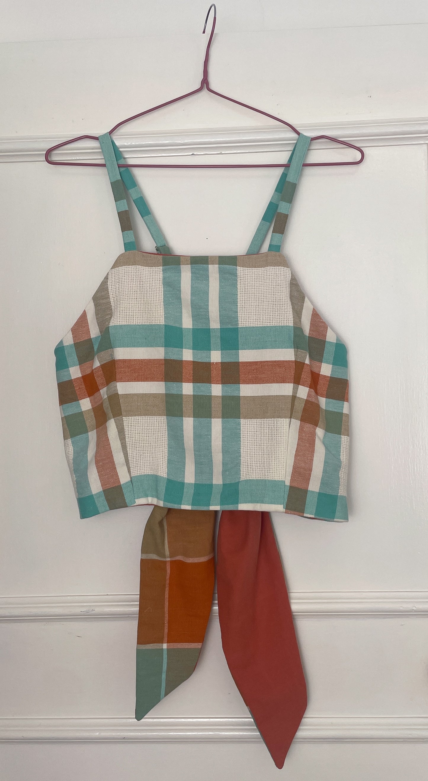 Handmade Orange and Green Checked Cross Strap Tie Back Crop Top - Size 12