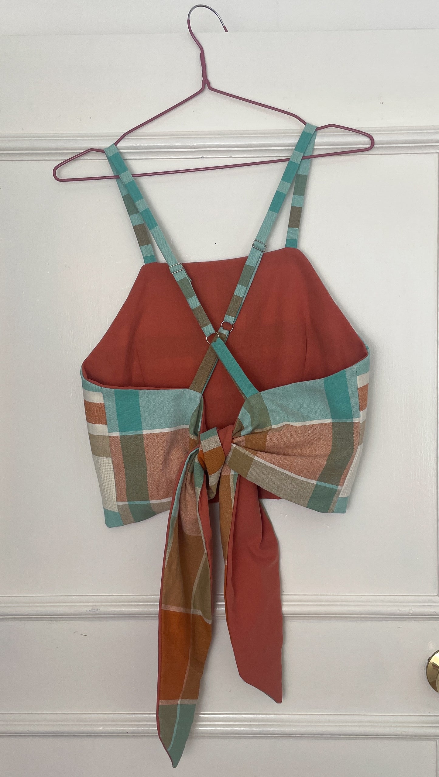 Handmade Orange and Green Checked Cross Strap Tie Back Crop Top - Size 12