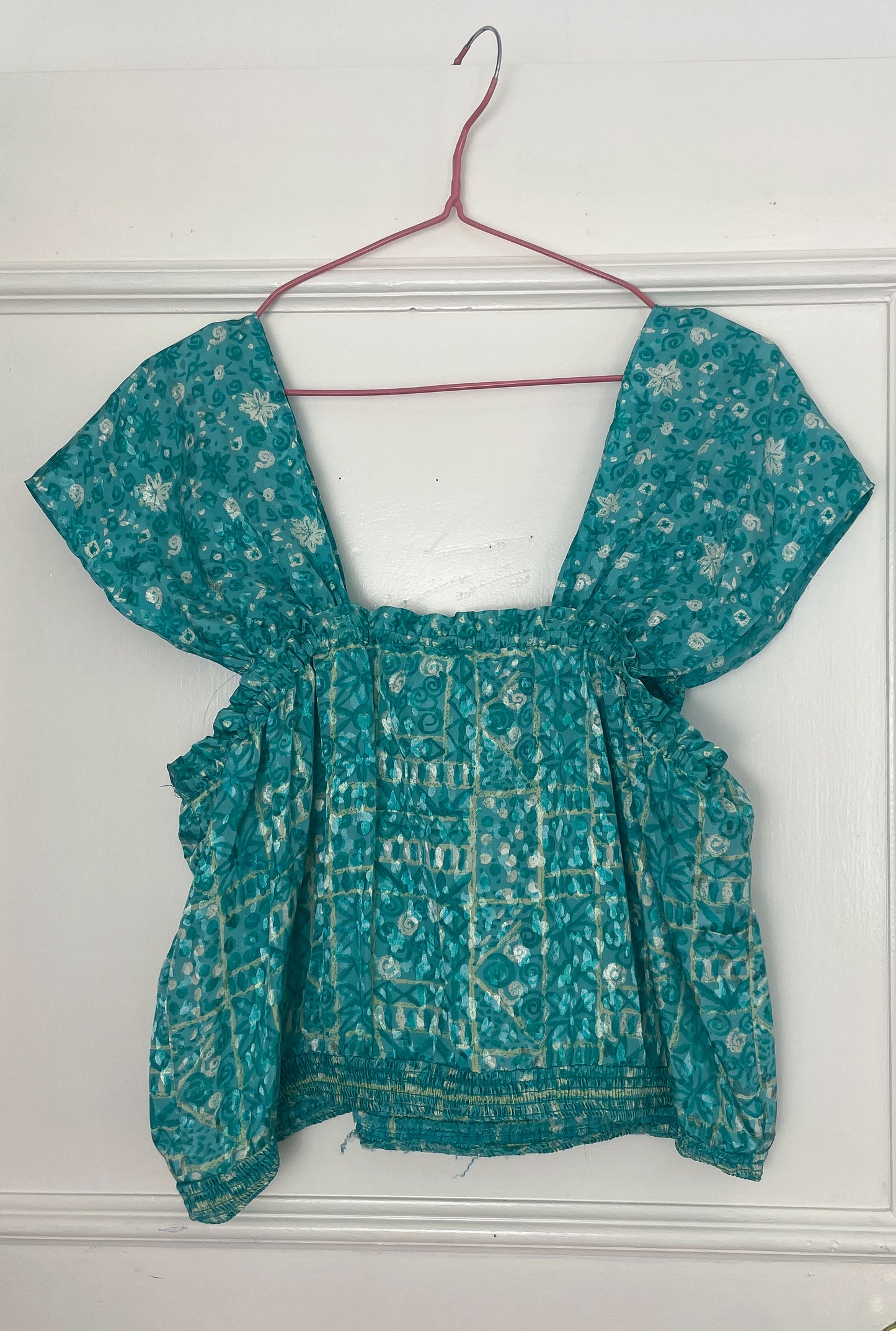 Vintage Y2K Blue Satin Printed Smocked Ruched Bust Vest Top - Size 10