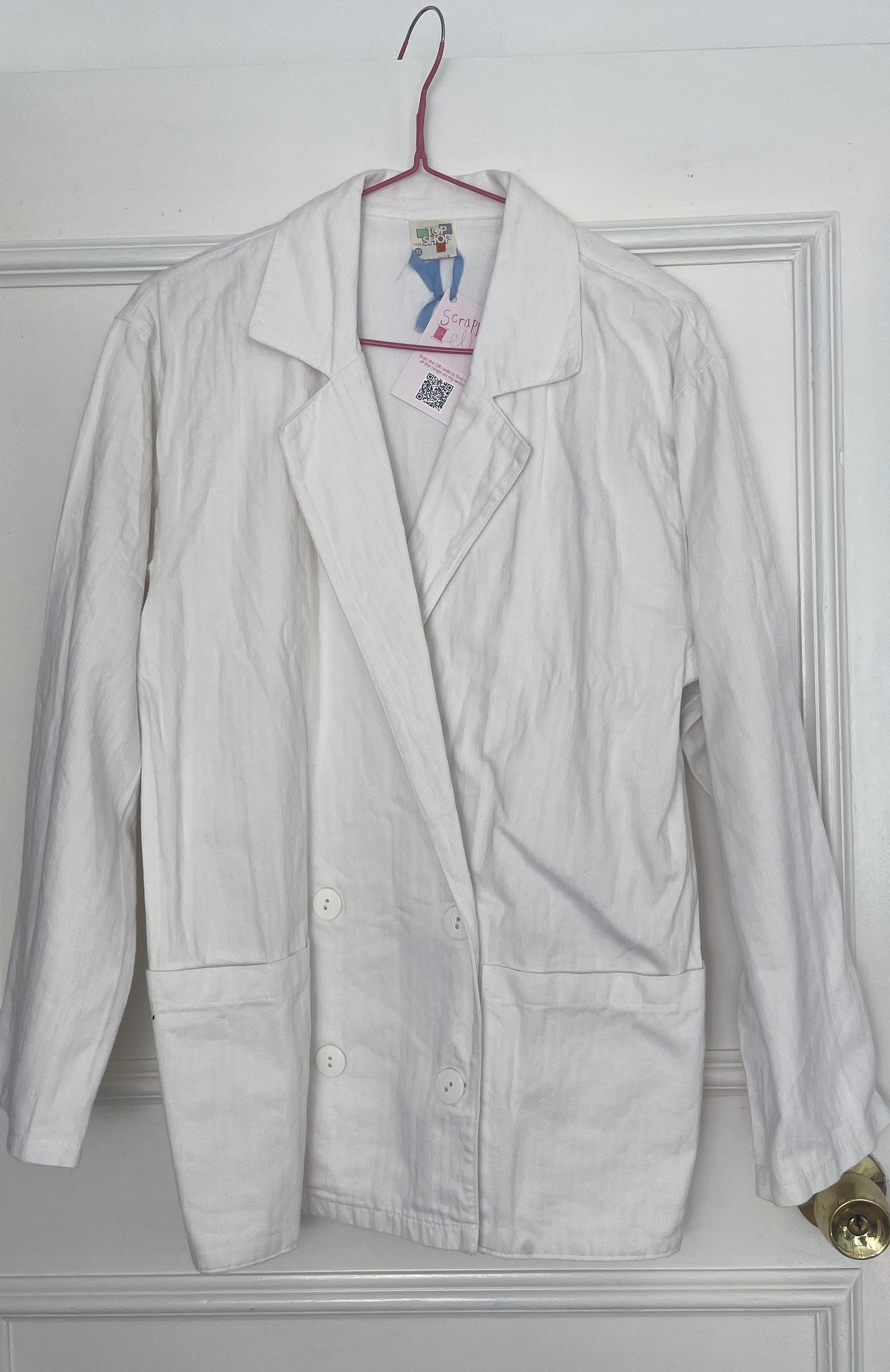 Vintage 90s White Cotton Double Breasted Blazer Jacket - Size 10