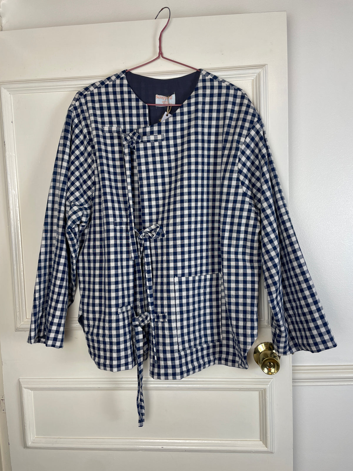 Handmade Navy Blue Gingham Asymmetric Tie Front Collarless Jacket - Size 14