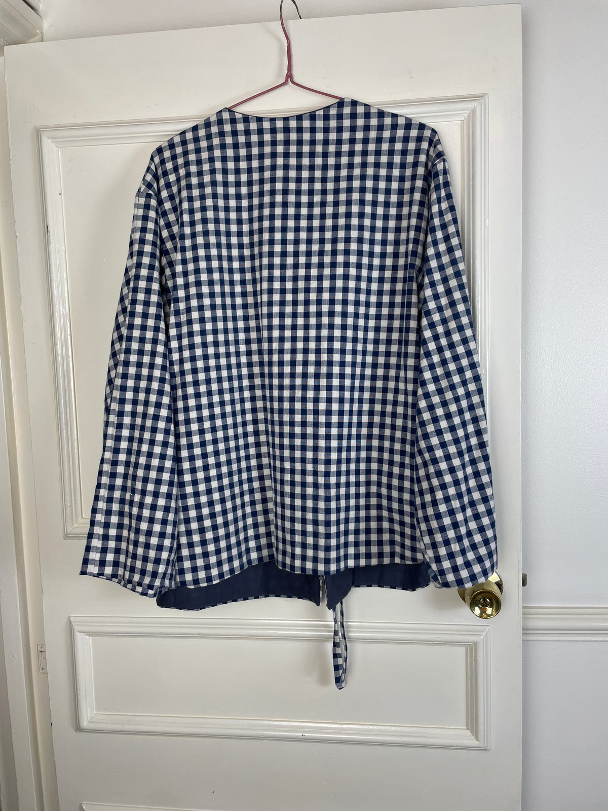 Handmade Navy Blue Gingham Asymmetric Tie Front Collarless Jacket - Size 14