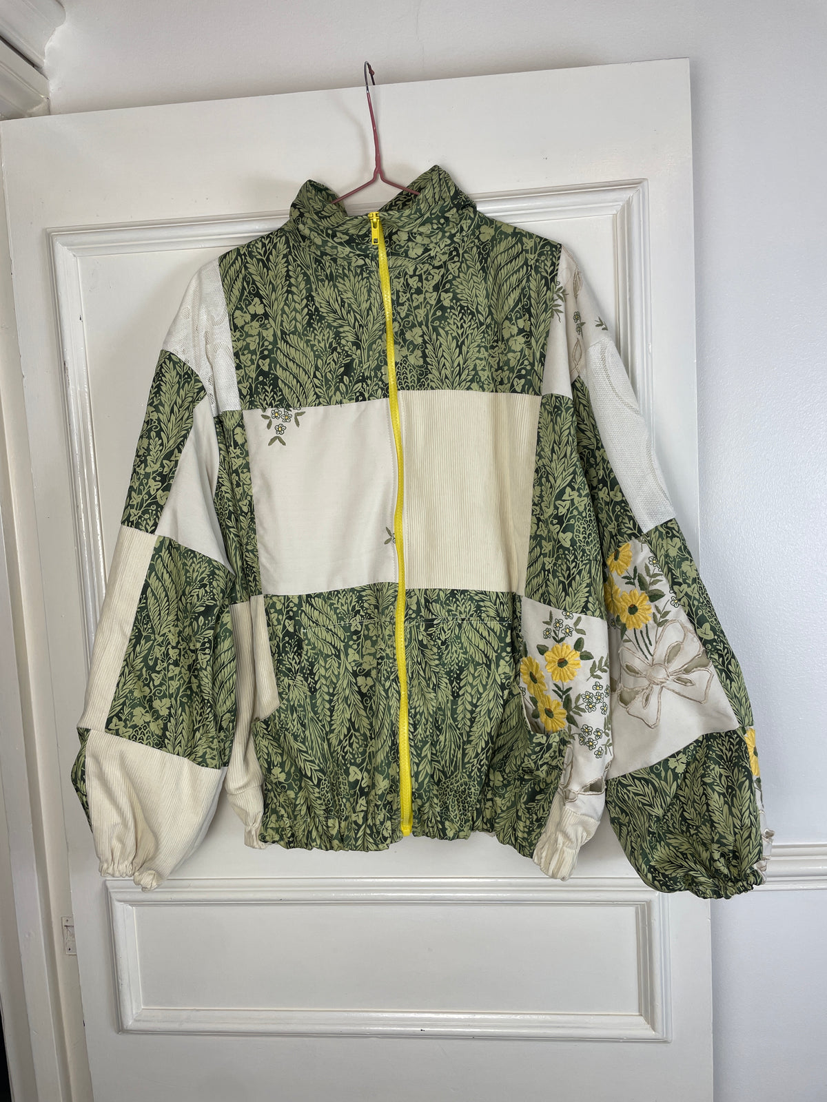 Handmade Green and White Cotton Patchwork Floral Embroidered Bomber Jacket - Size 12