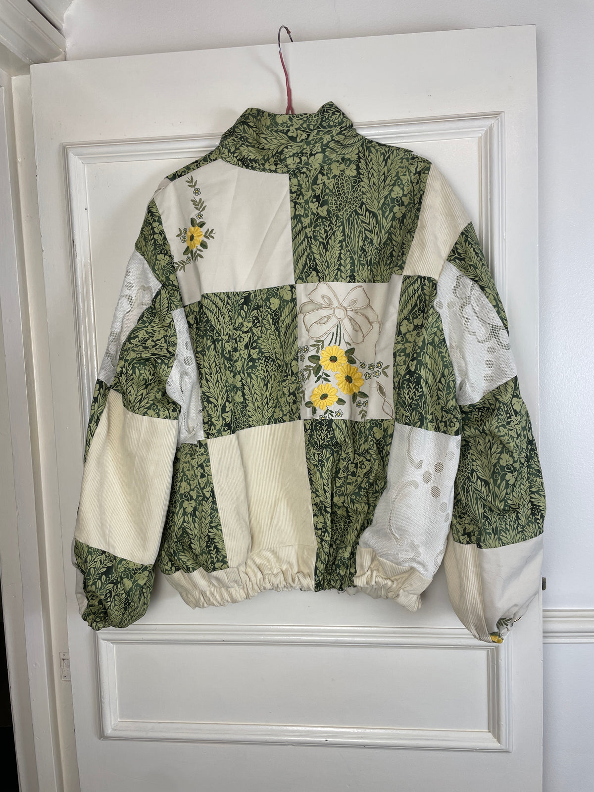 Handmade Green and White Cotton Patchwork Floral Embroidered Bomber Jacket - Size 12