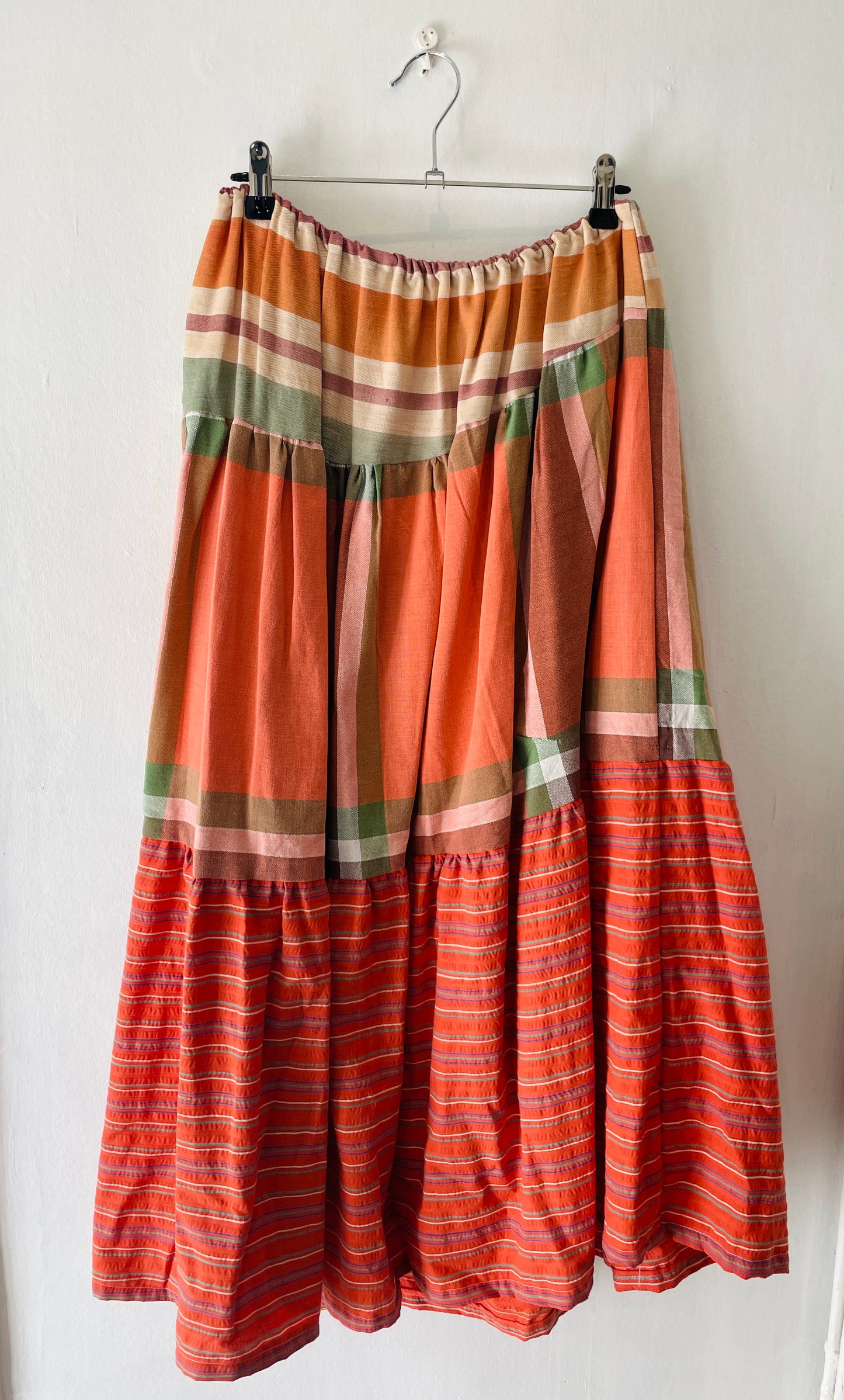 Kelly Handmade Orange Patchwork Asymmetric Hem Tiered Maxi Skirt