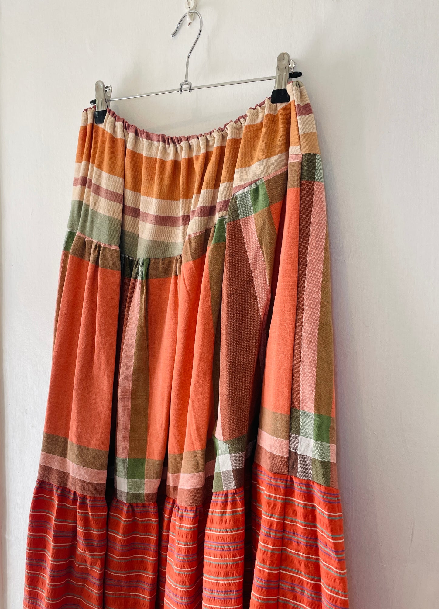 Kelly Handmade Orange Patchwork Asymmetric Hem Tiered Maxi Skirt