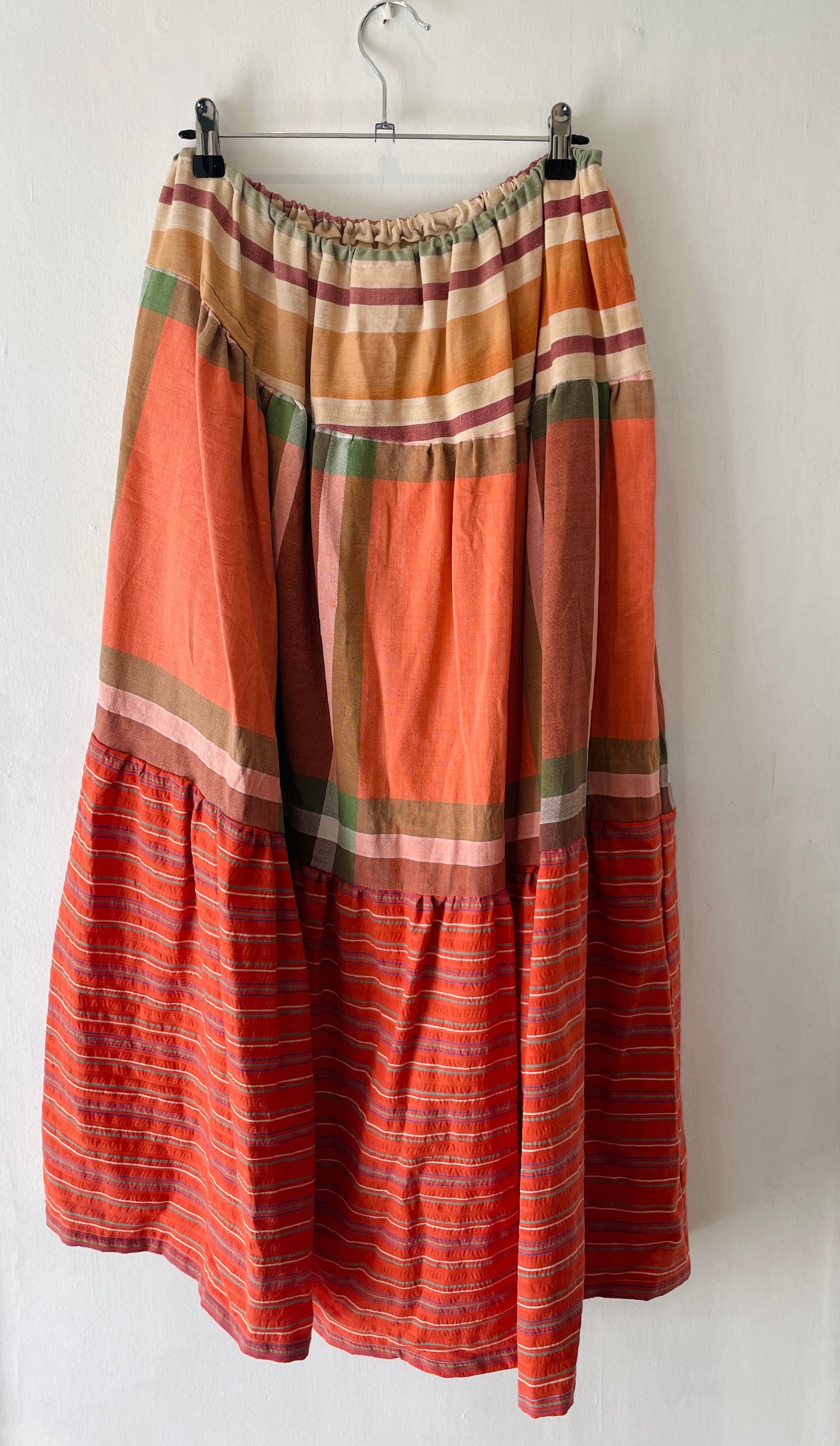 Kelly Handmade Orange Patchwork Asymmetric Hem Tiered Maxi Skirt