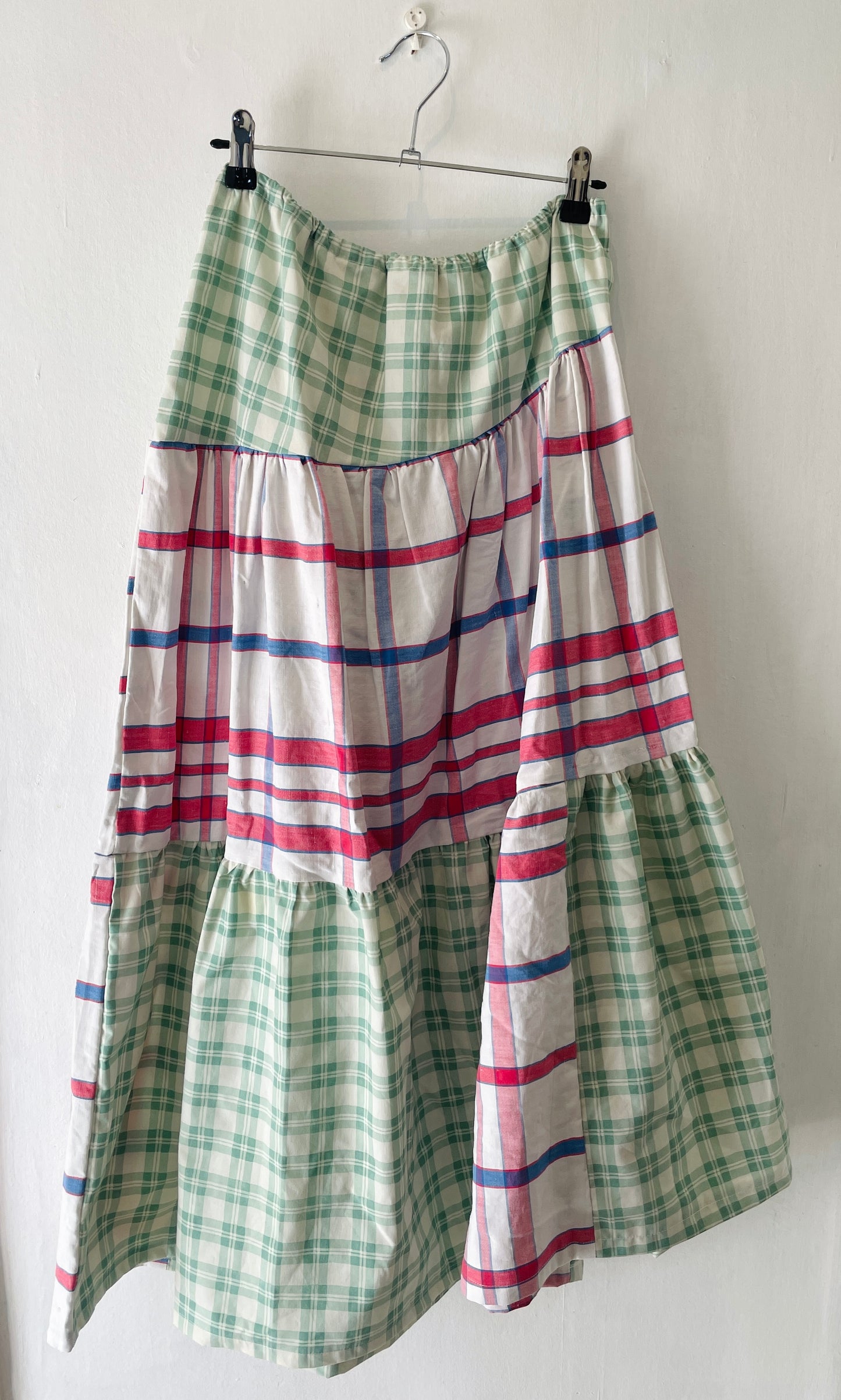 Kelly Handmade Green and Red Checked Patchwork Asymmetric Hem Tiered Maxi Skirt