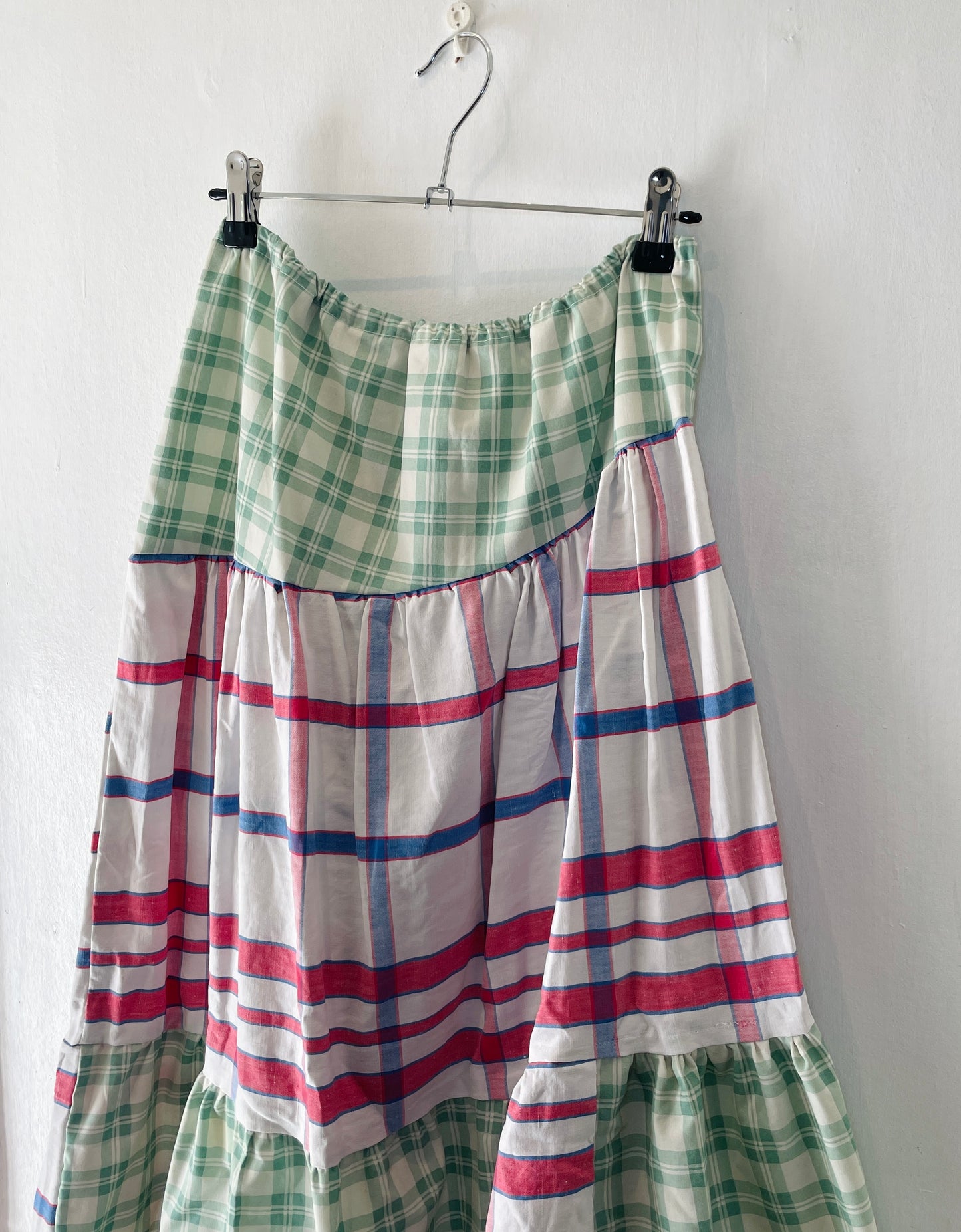 Kelly Handmade Green and Red Checked Patchwork Asymmetric Hem Tiered Maxi Skirt