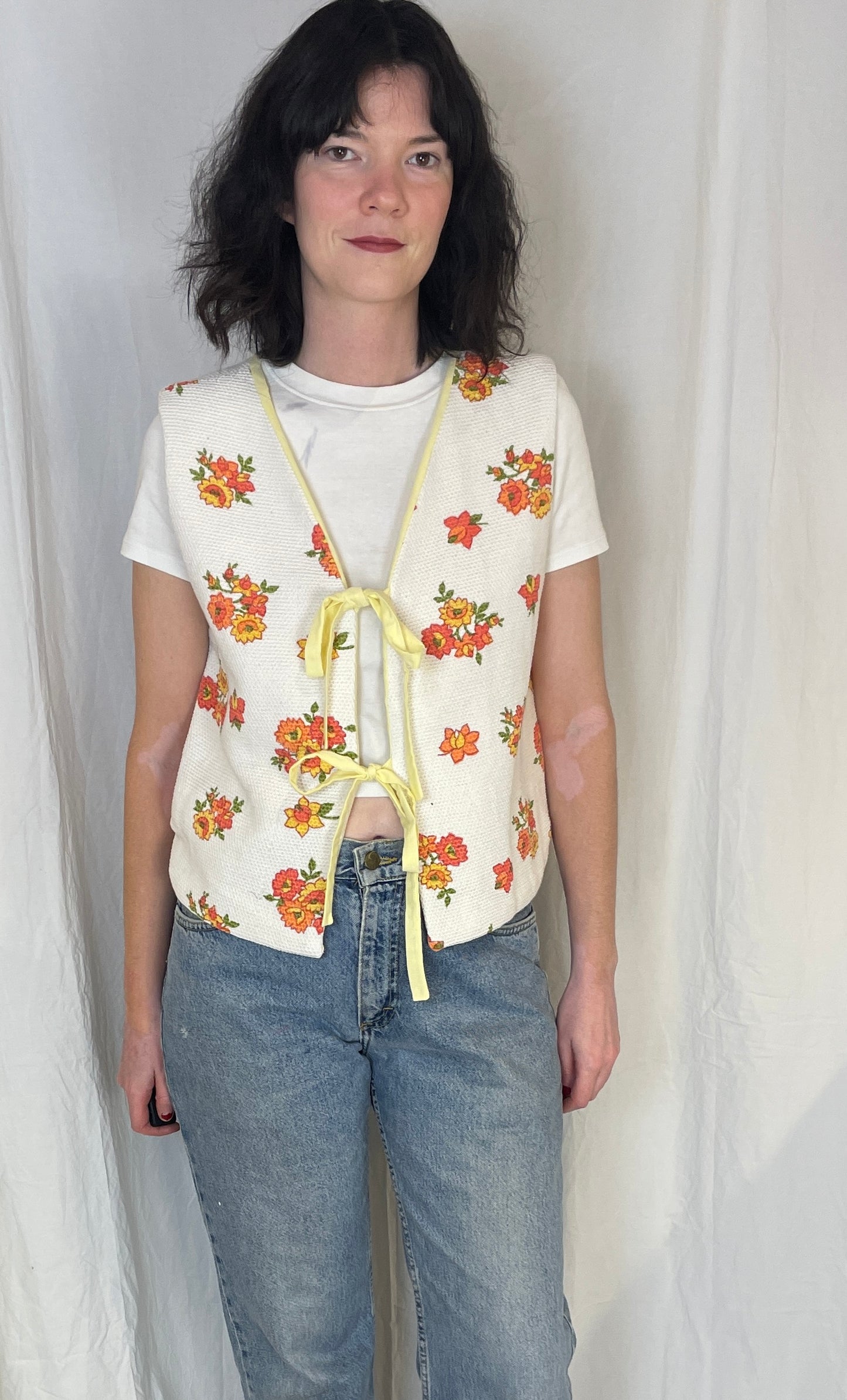 Zoe Handmade Orange Floral Tie Front Sleeveless Waistcoat Top