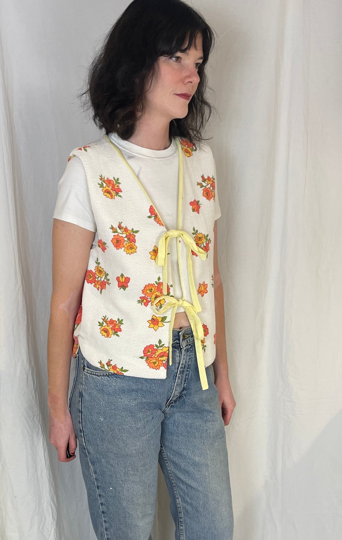 Zoe Handmade Orange Floral Tie Front Sleeveless Waistcoat Top