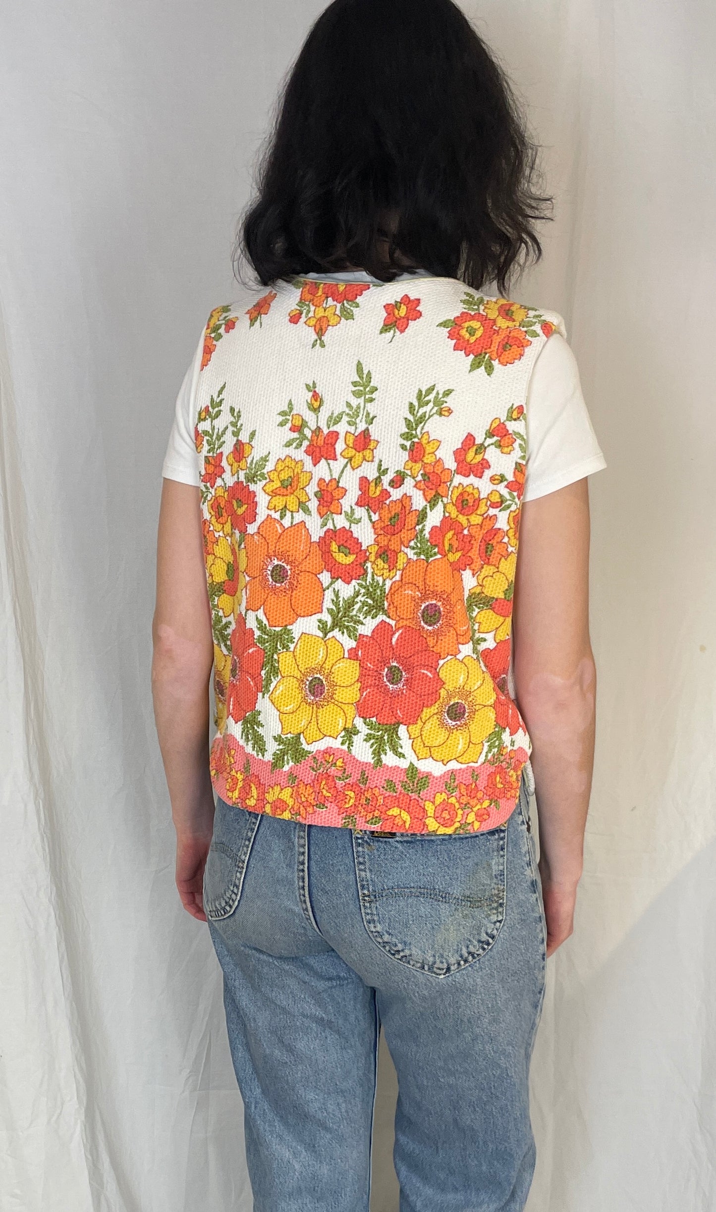 Zoe Handmade Orange Floral Tie Front Sleeveless Waistcoat Top