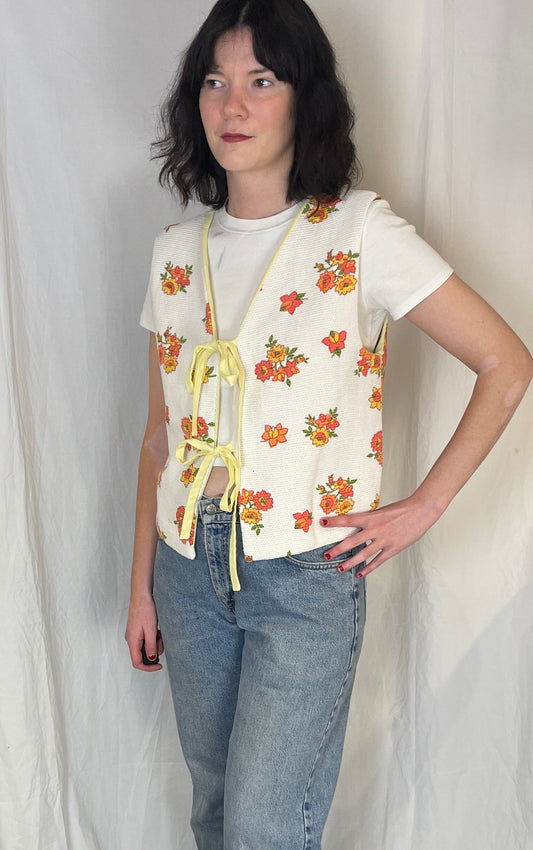 Zoe Handmade Orange Floral Tie Front Sleeveless Waistcoat Top