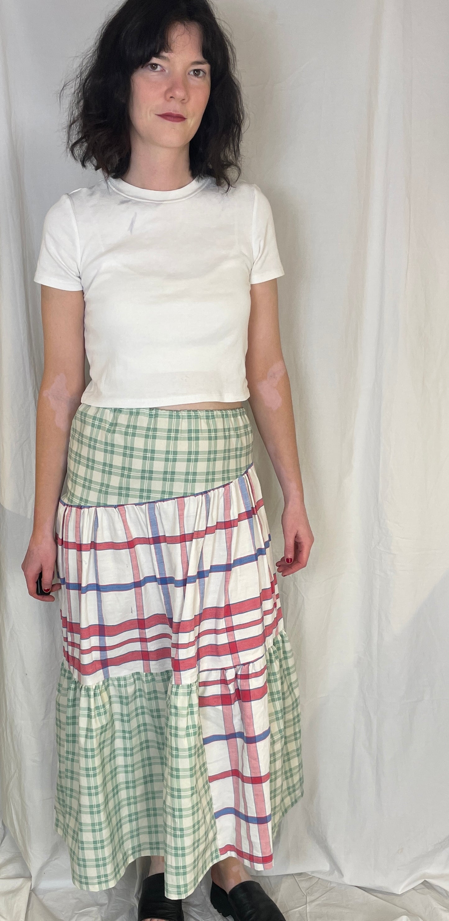 Kelly Handmade Green and Red Checked Patchwork Asymmetric Hem Tiered Maxi Skirt