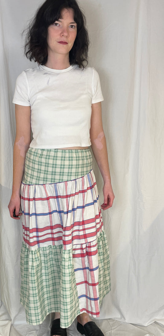 Kelly Handmade Green and Red Checked Patchwork Asymmetric Hem Tiered Maxi Skirt